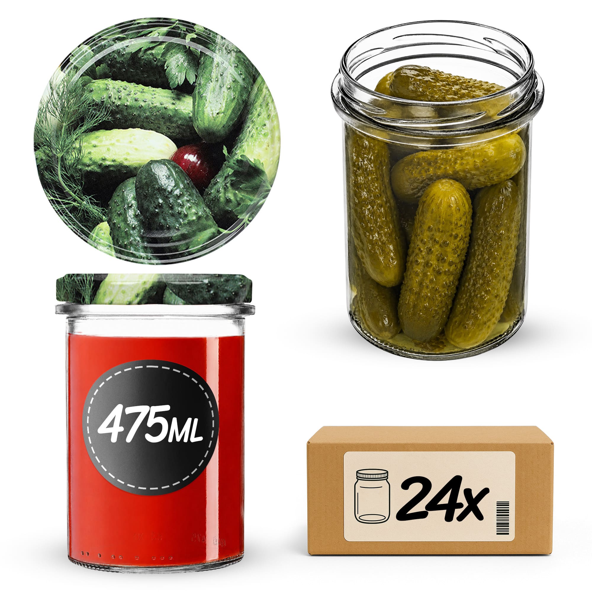 Słoiki na przetwory Befa 475ml 24szt fi 82 mm + wieczka "Ogórki"
