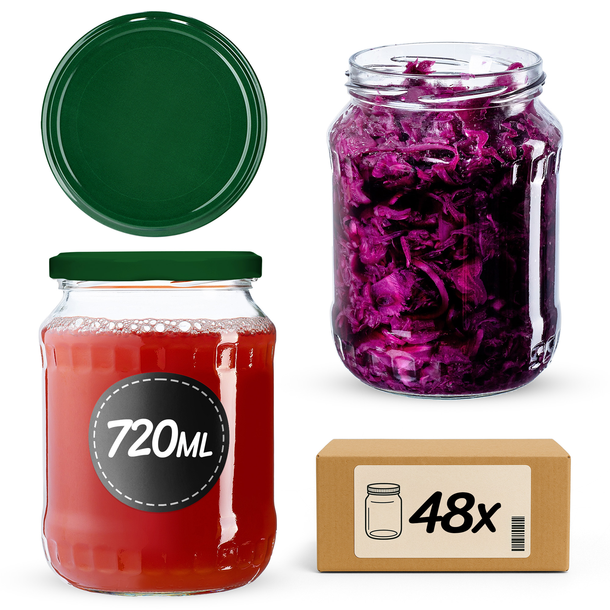 Słoiki na przetwory Jukka 720ml 48szt fi 82 mm + wieczka zielone