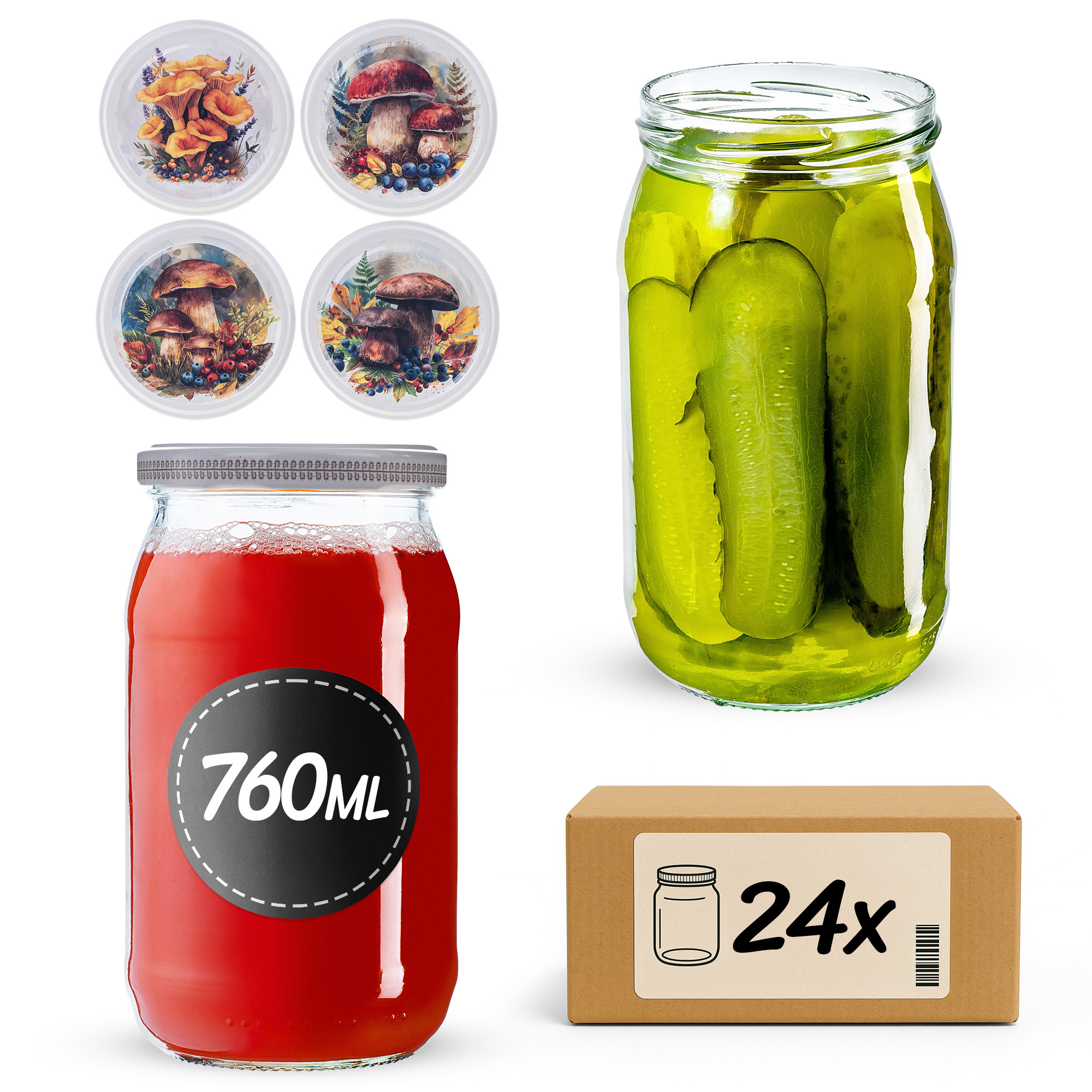 Słoiki na przetwory Niva 760ml fi 82 mm 24szt + wieczko Grzyb akwarela
