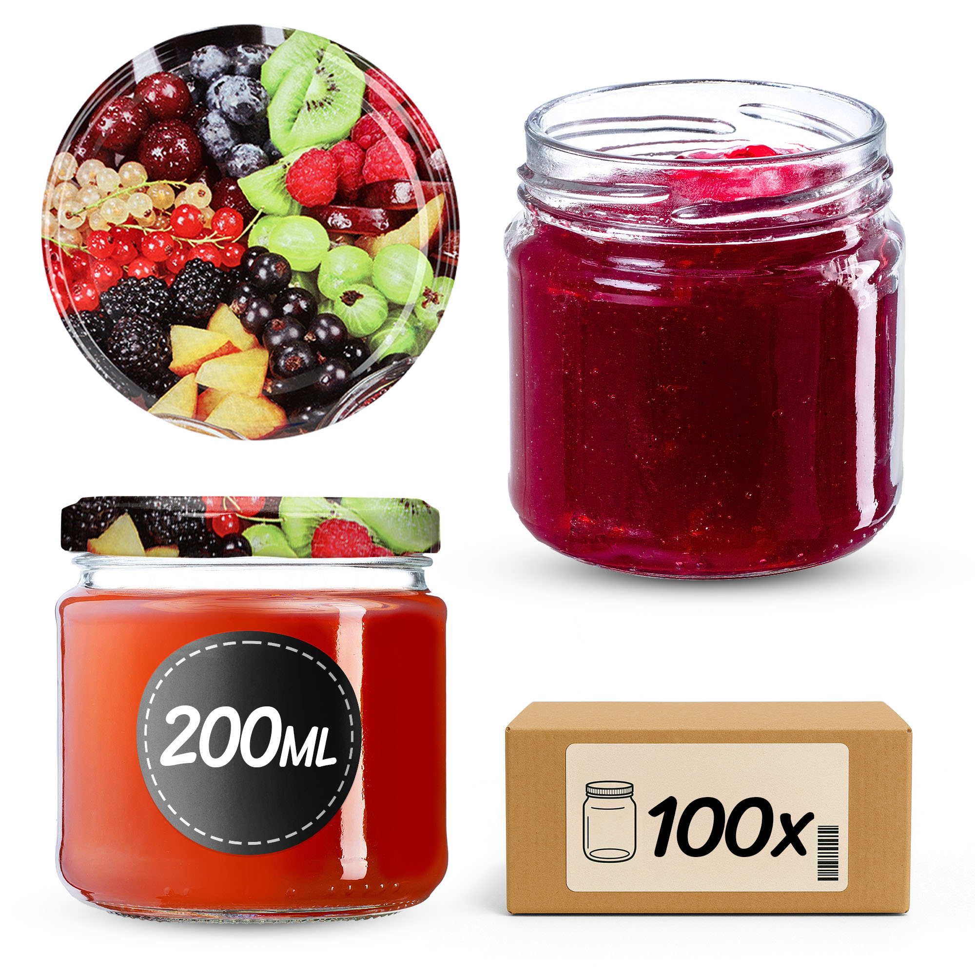 Słoiki na przetwory Lerma 200ml 100szt fi 66 mm + wieczka "Owoce"