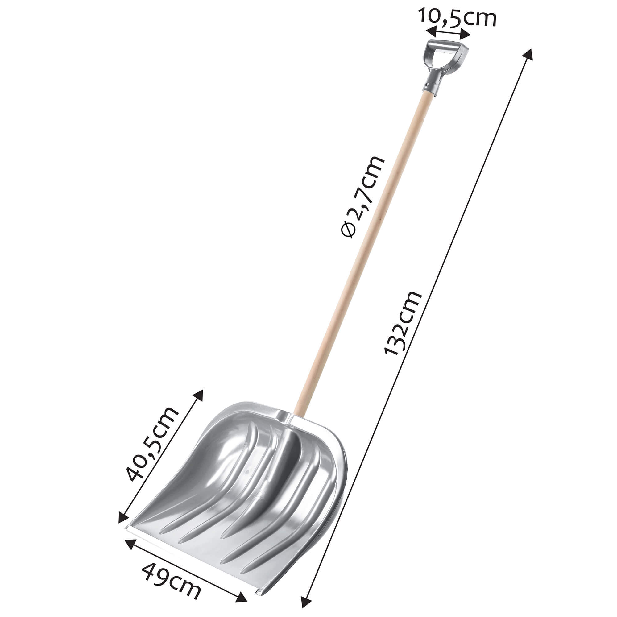 Łopata do śniegu 132 cm, srebrna drewniany trzonek