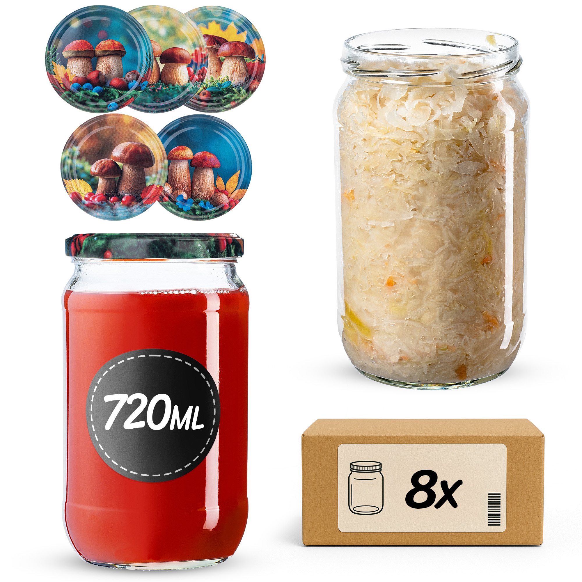 Słoiki na przetwory Niva 720ml fi 82 mm 8szt + wieczko Grzyb polski