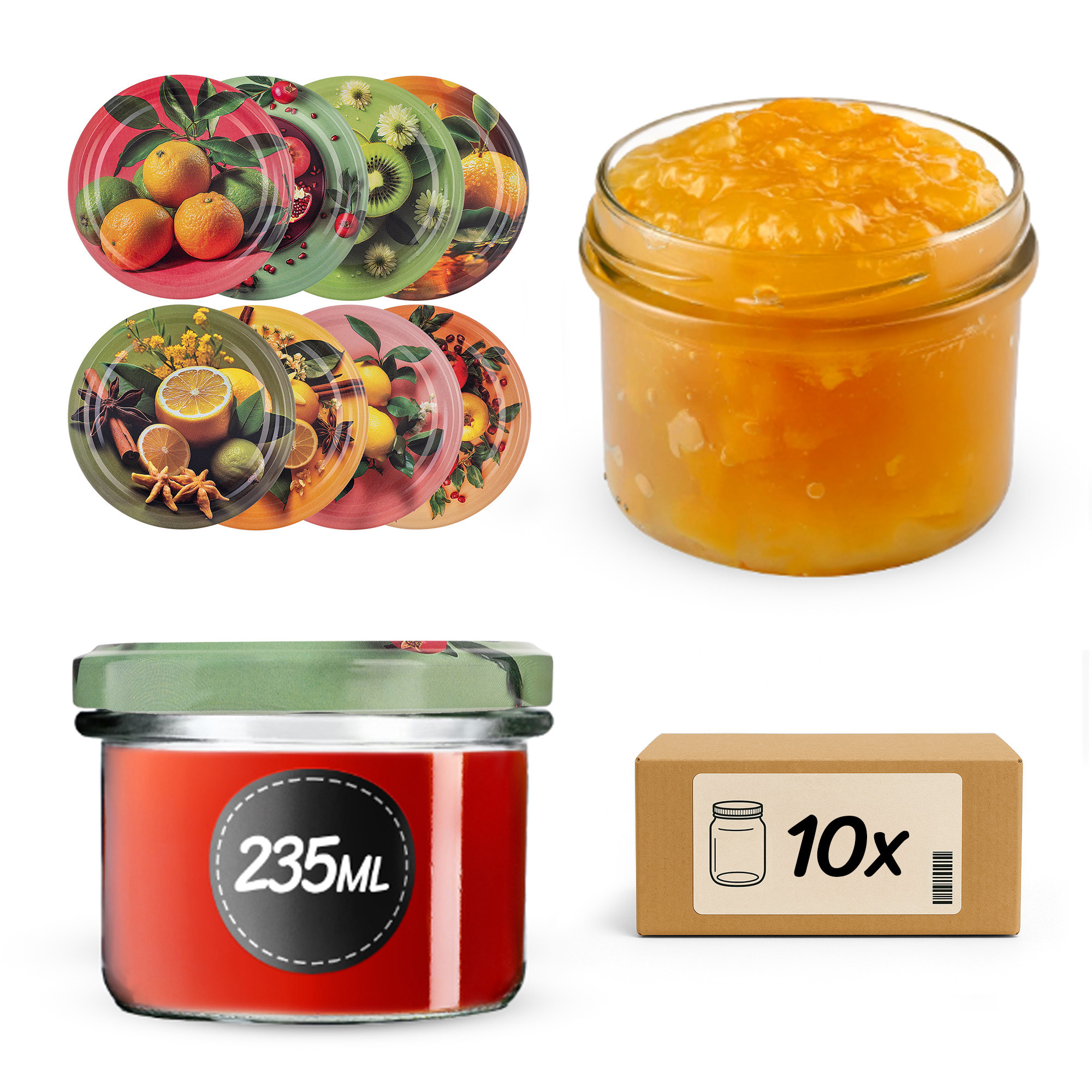 Słoiki na przetwory Tartu 235ml fi 82 mm 10szt + wieczko Egzotyczne owoce