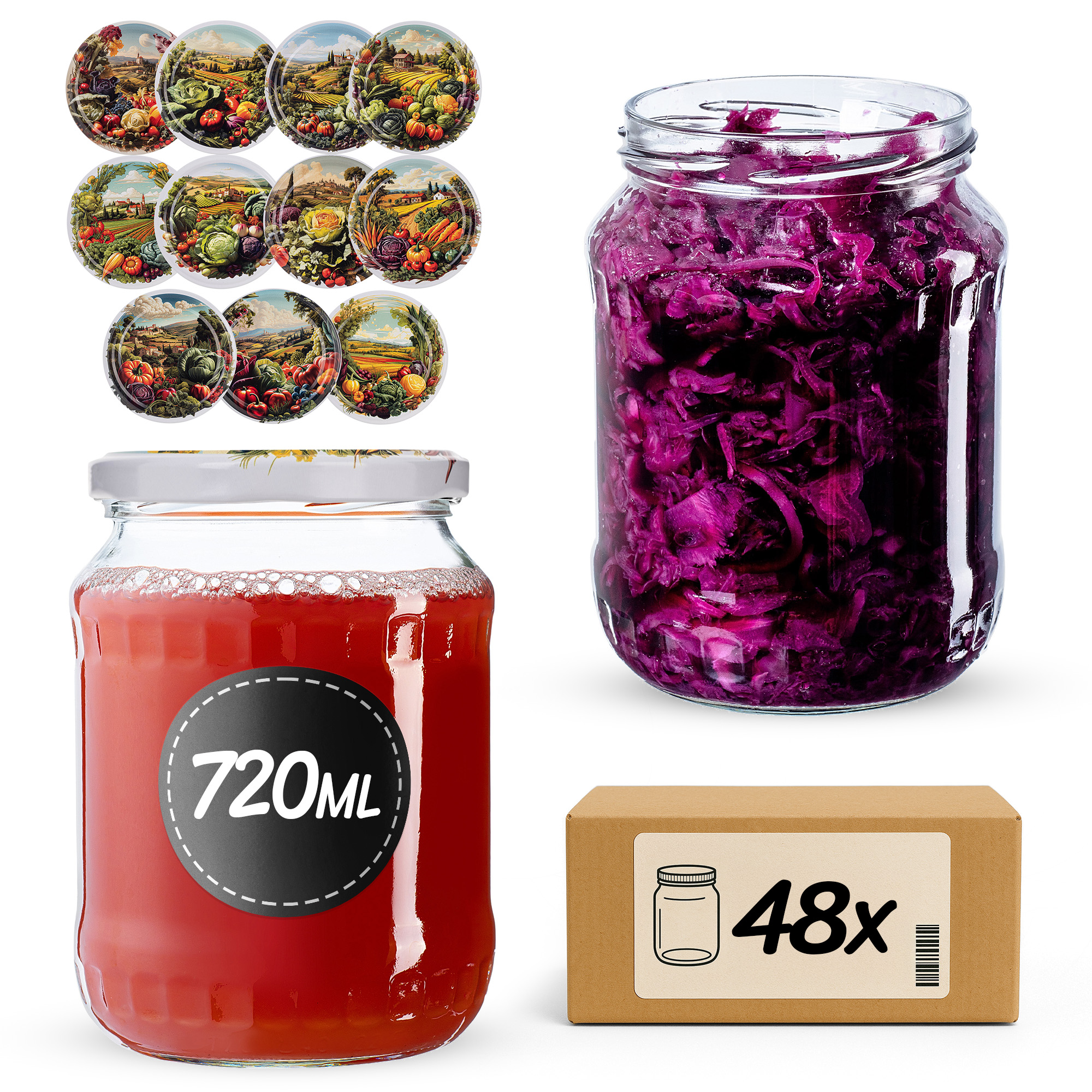 Słoiki na przetwory Jukka 720ml fi 82 mm 48szt + wieczko Warzywa mix