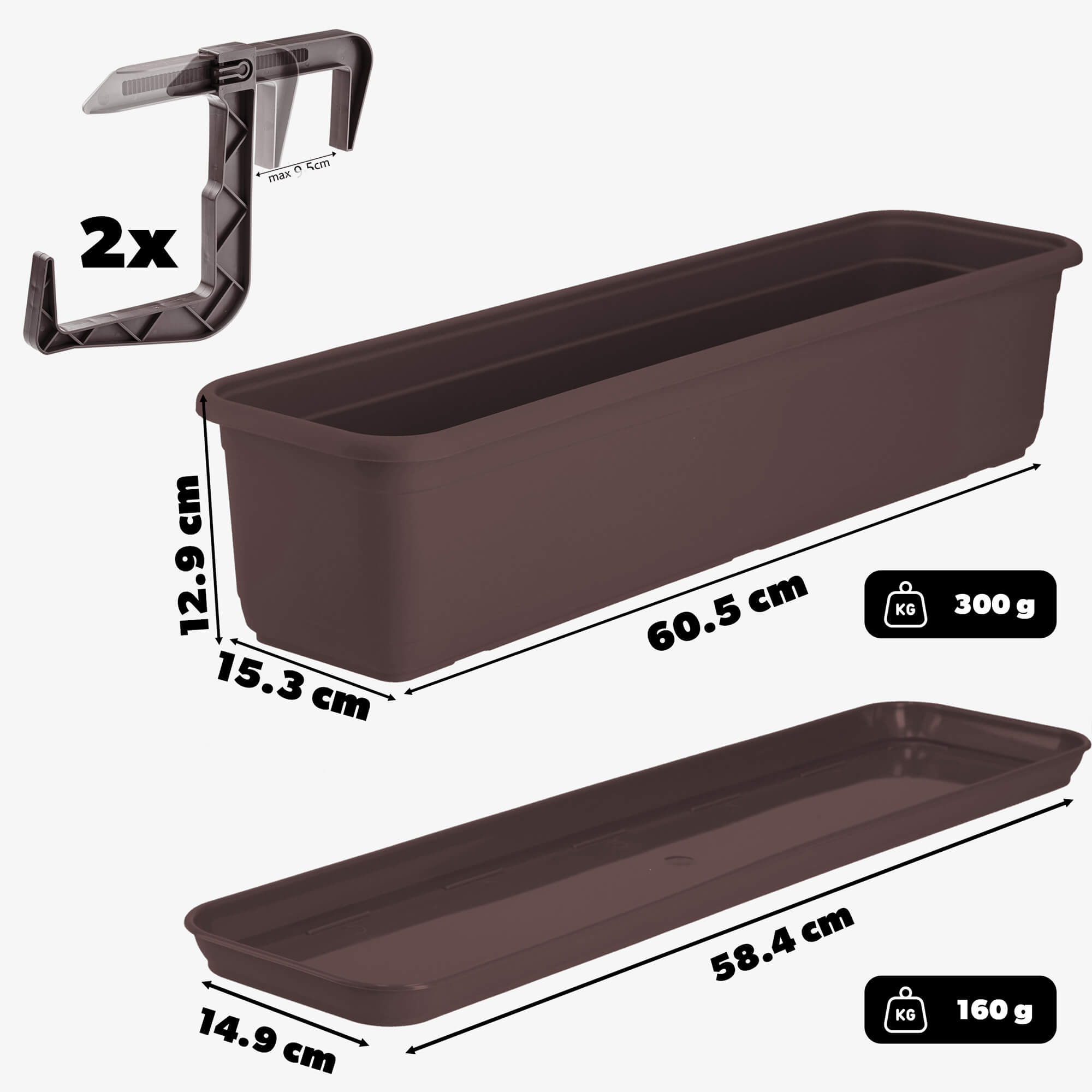 Skrzynka balkonowa z podstawką i uchwytami Evron 60 cm, brązowa