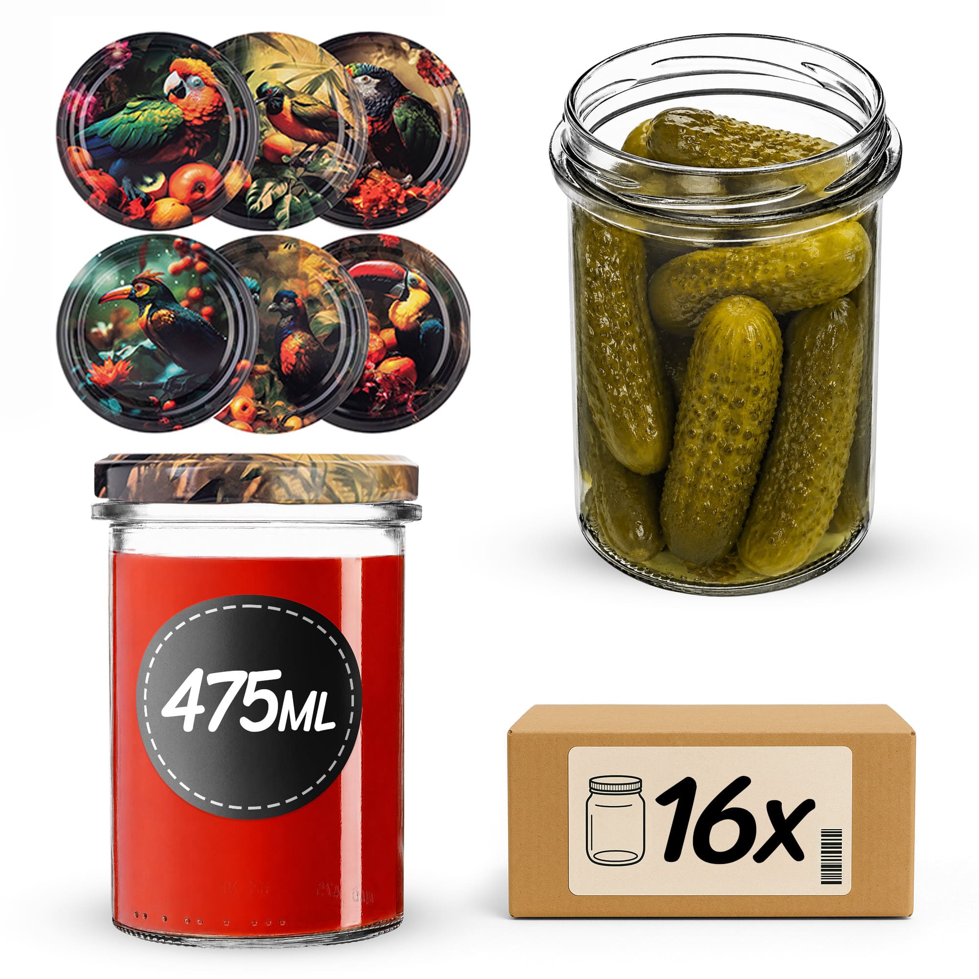 Słoiki na przetwory Befa 475ml 16szt fi 82 mm + wieczka "Ptaki"