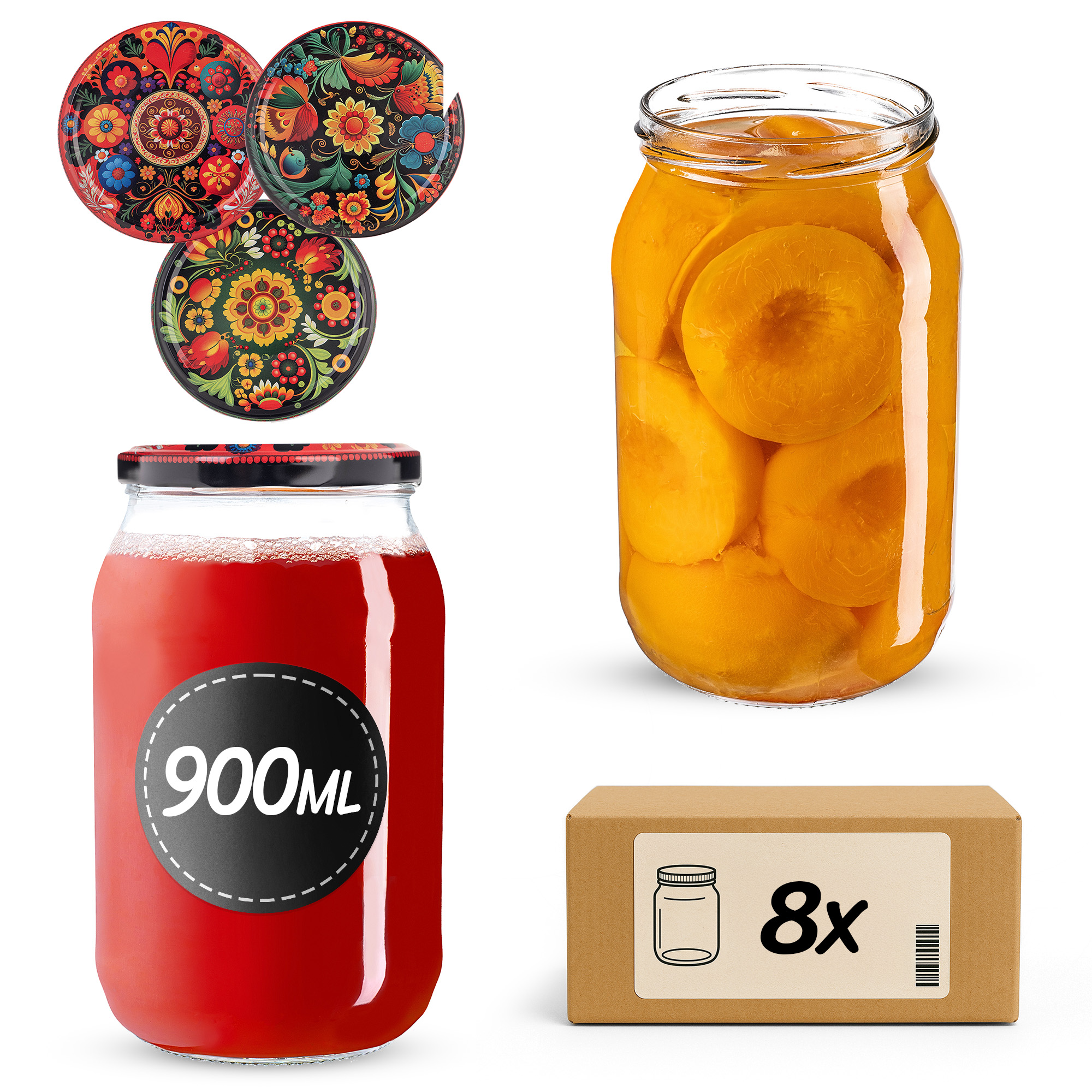 Słoiki na przetwory Simo 900ml fi 82 mm 8szt + wieczko Haftowanka