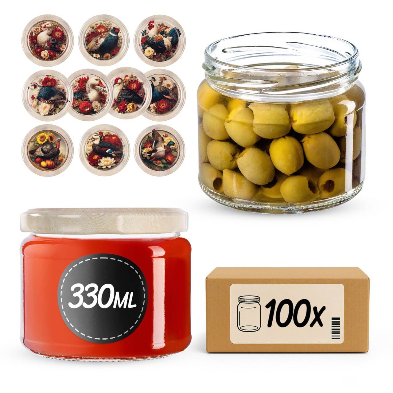 Słoiki na przetwory Sonka 330ml 100szt fi 82 mm + wieczka "Drób"