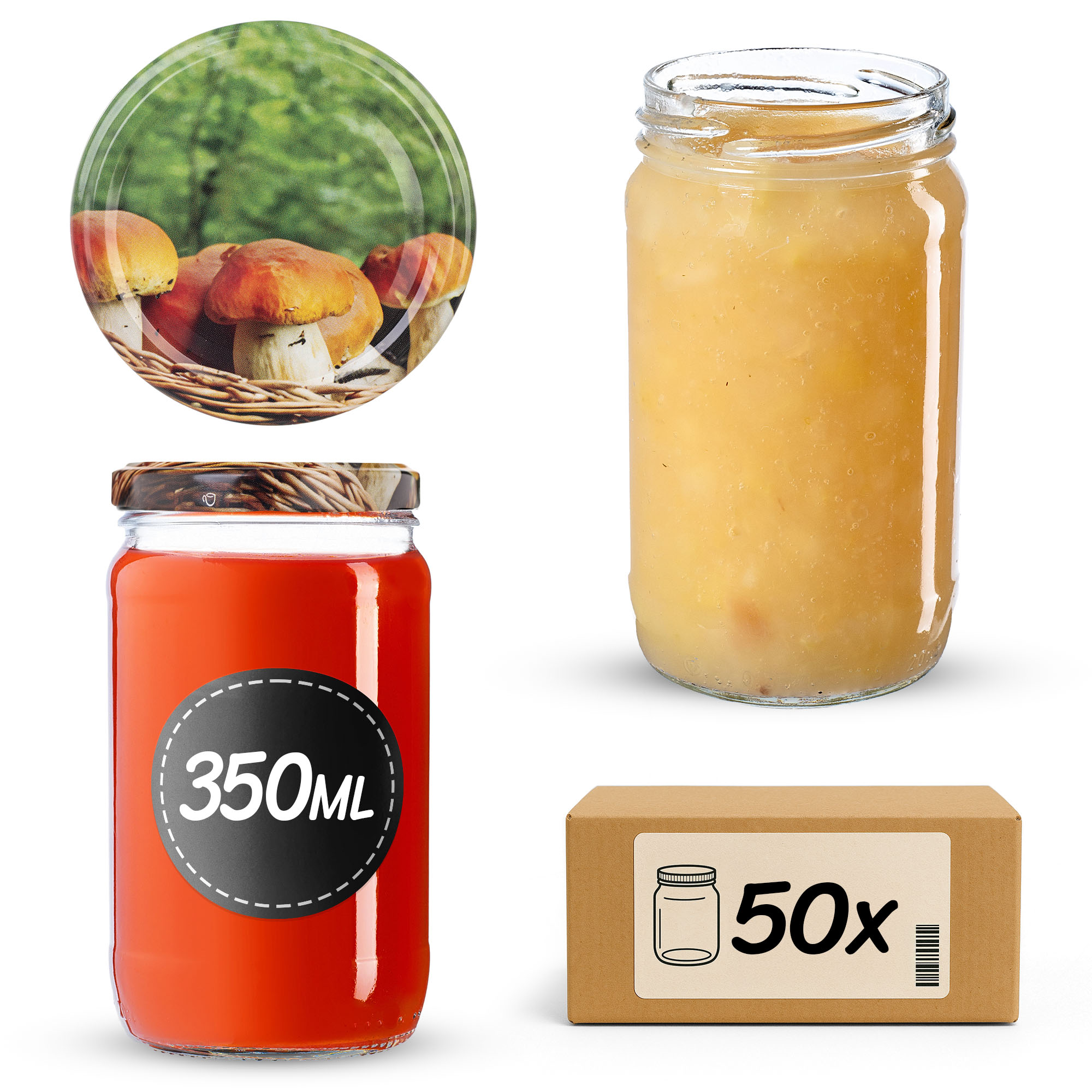 Słoiki na przetwory Gera 350ml fi 66 mm 50szt + wieczko Grzyby kosz