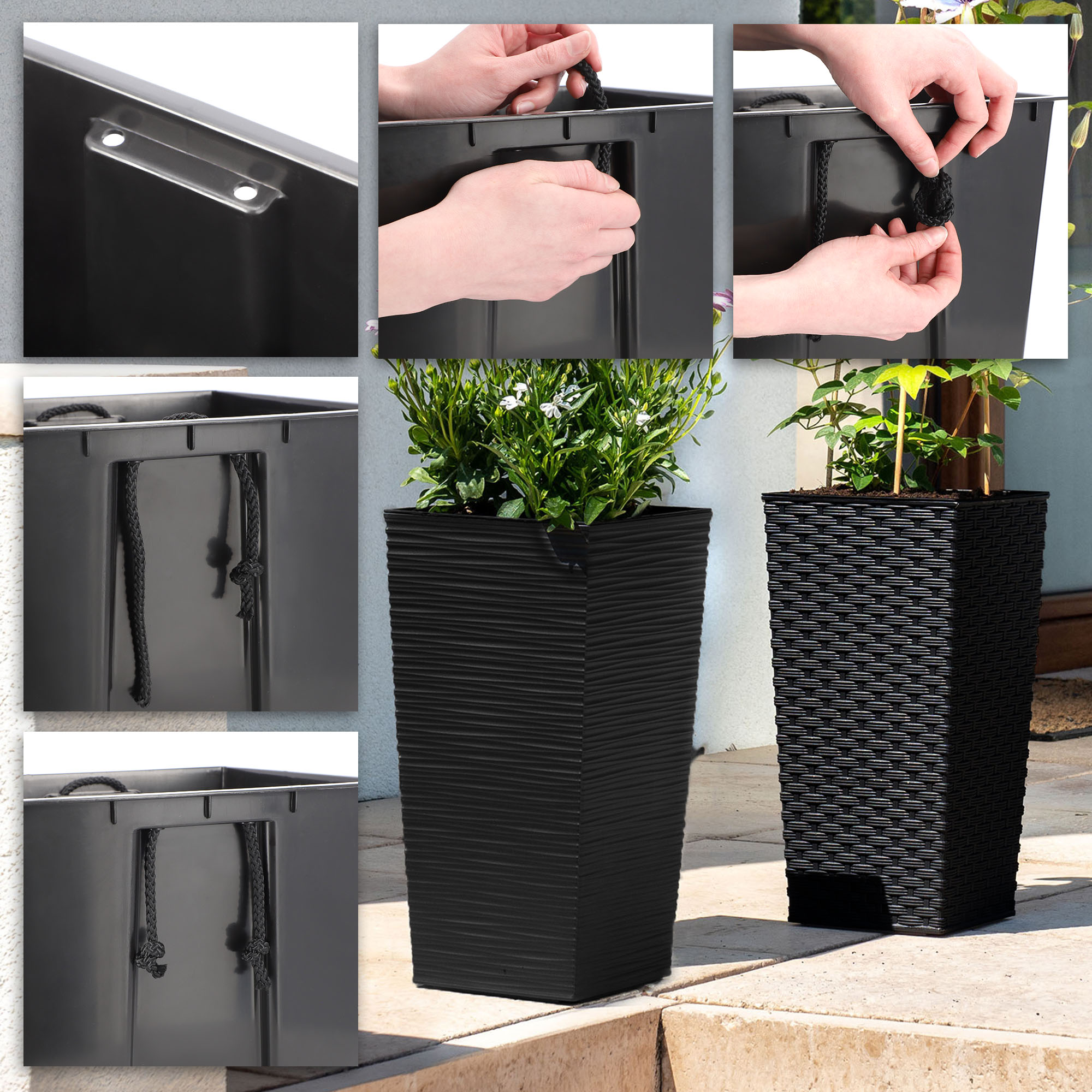 Donice na kwiaty z wkładem Pesaro rattan 19 cm + 25 cm + 30 cm, czarne
