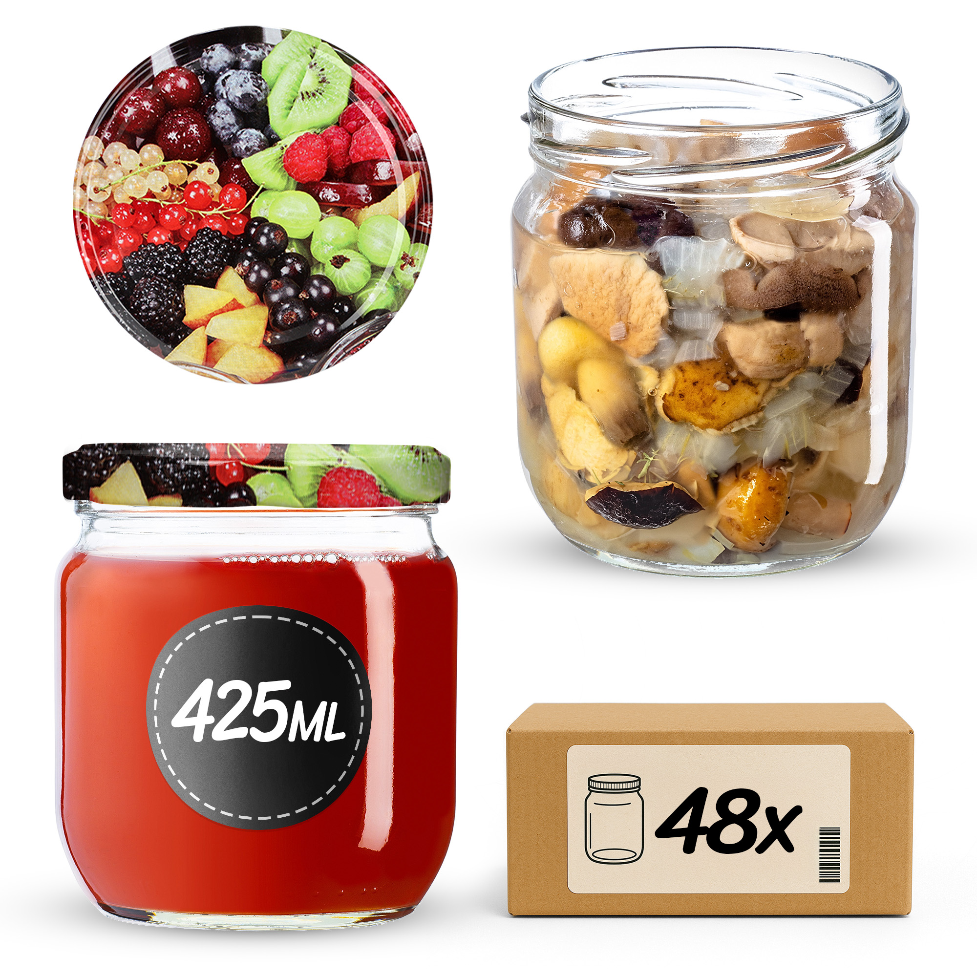 Słoiki na przetwory Salla 425ml 48szt fi 82 mm + wieczka "Mix owoców"