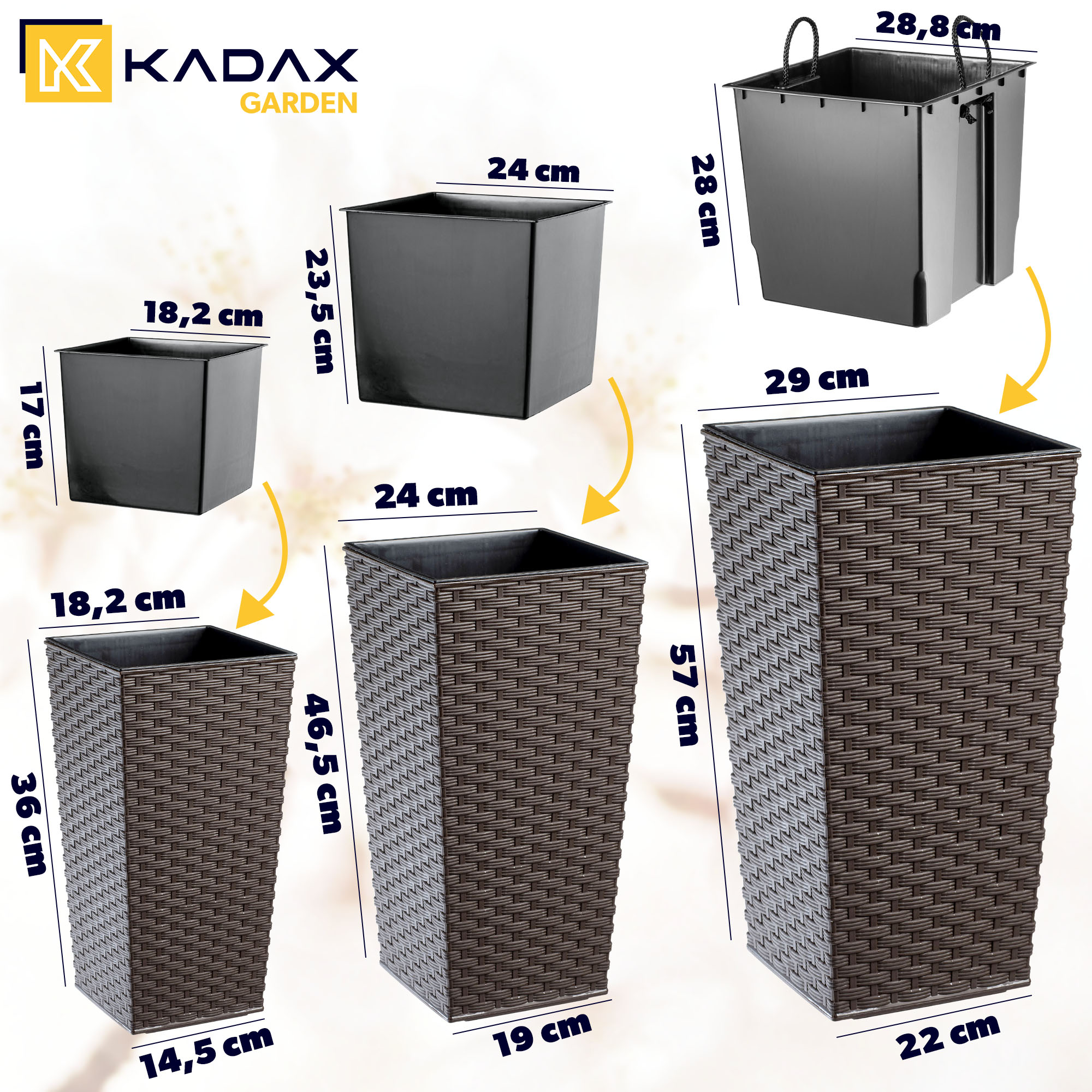 Donice na kwiaty z wkładem Pesaro rattan 19 cm + 25 cm + 30 cm, mokka