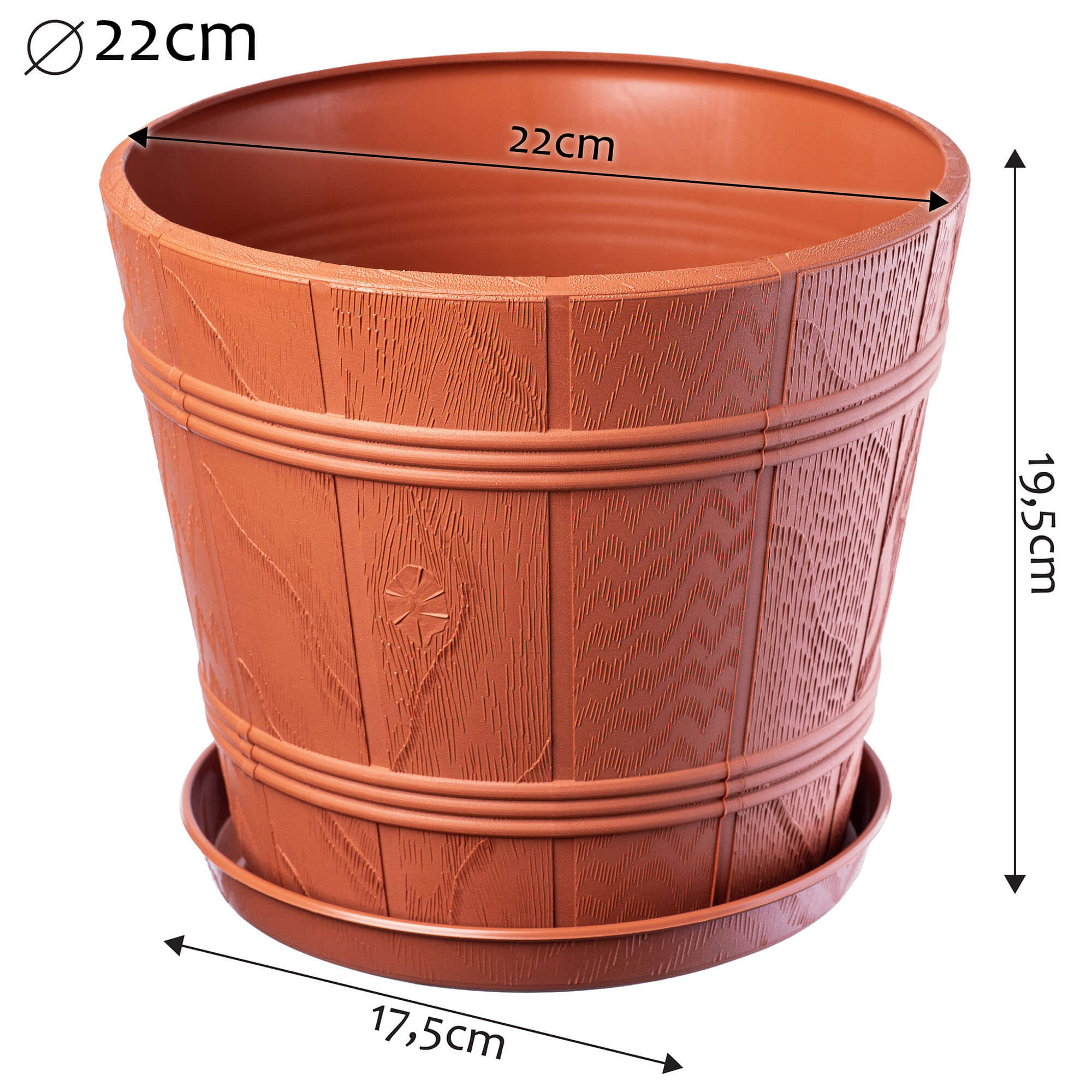 Doniczka drewnopodobna z podstawką Pula 22 cm, terakota