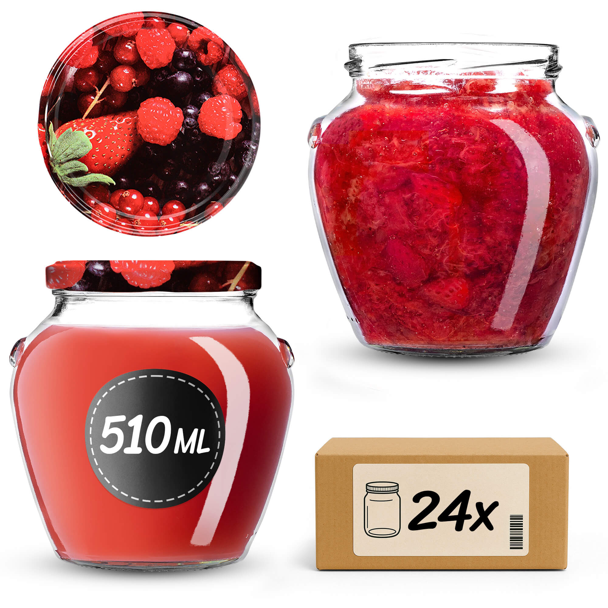 Słoiki na przetwory Sassa 580ml 24szt fi 82 mm + wieczka "Owoce leśne"