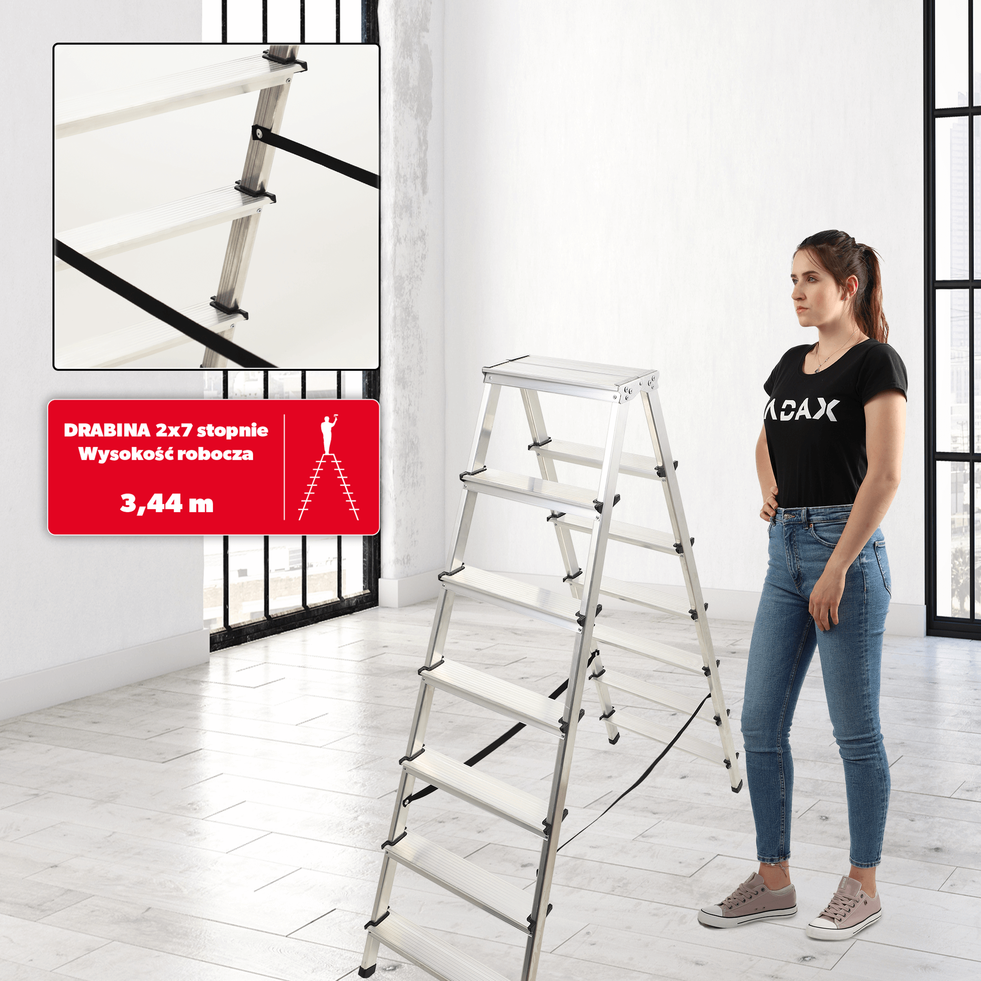 Drabina aluminiowa z podestem Molde, 7 stopni, 125 kg