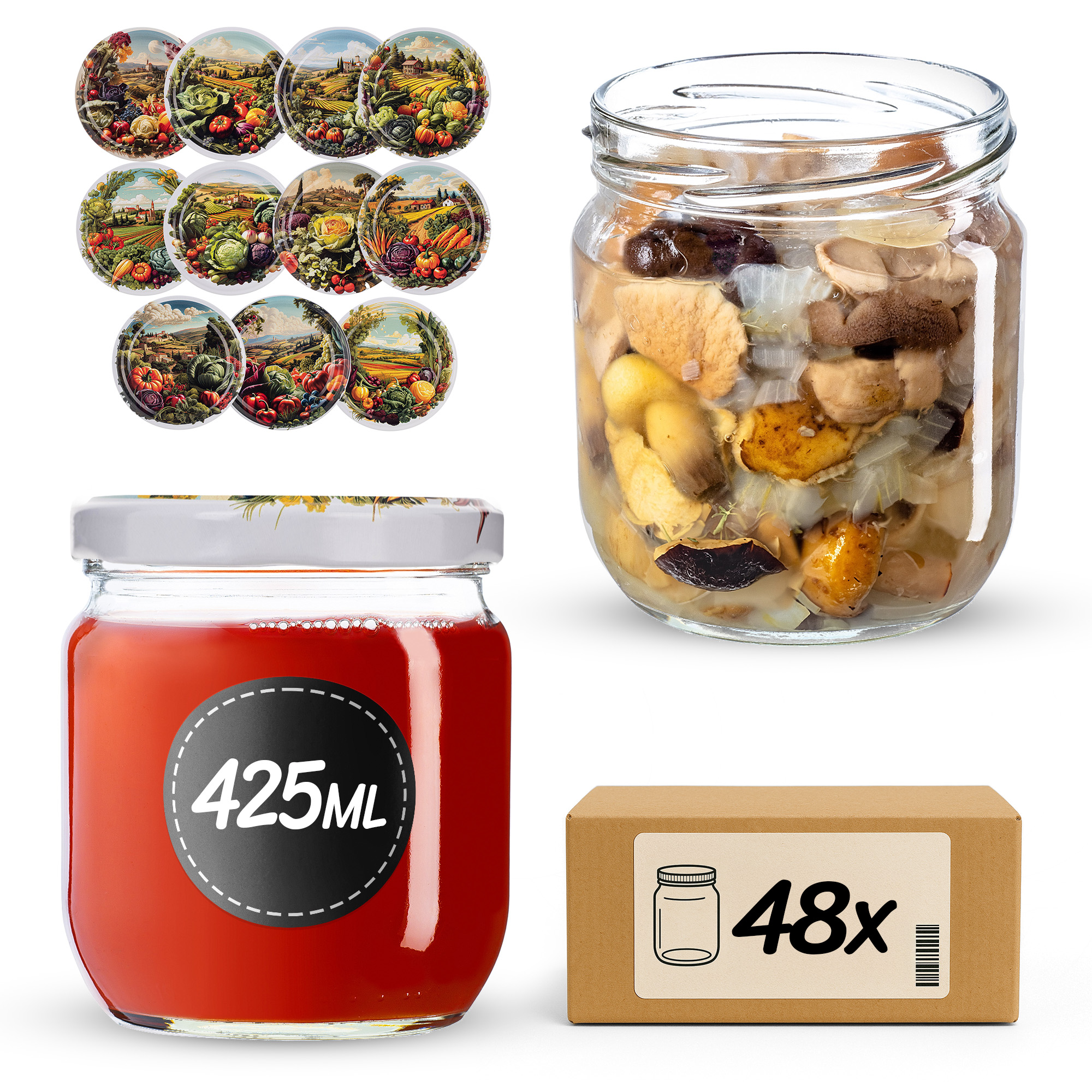 Słoiki na przetwory Salla 425ml fi 82 mm 48szt + wieczko Warzywa mix