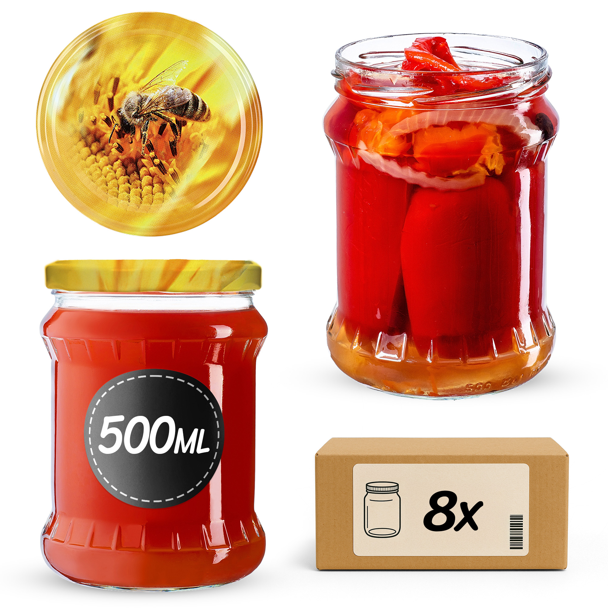 Słoiki na przetwory Kisko 500ml 8szt fi 82 mm + wieczka "Pszczoła"