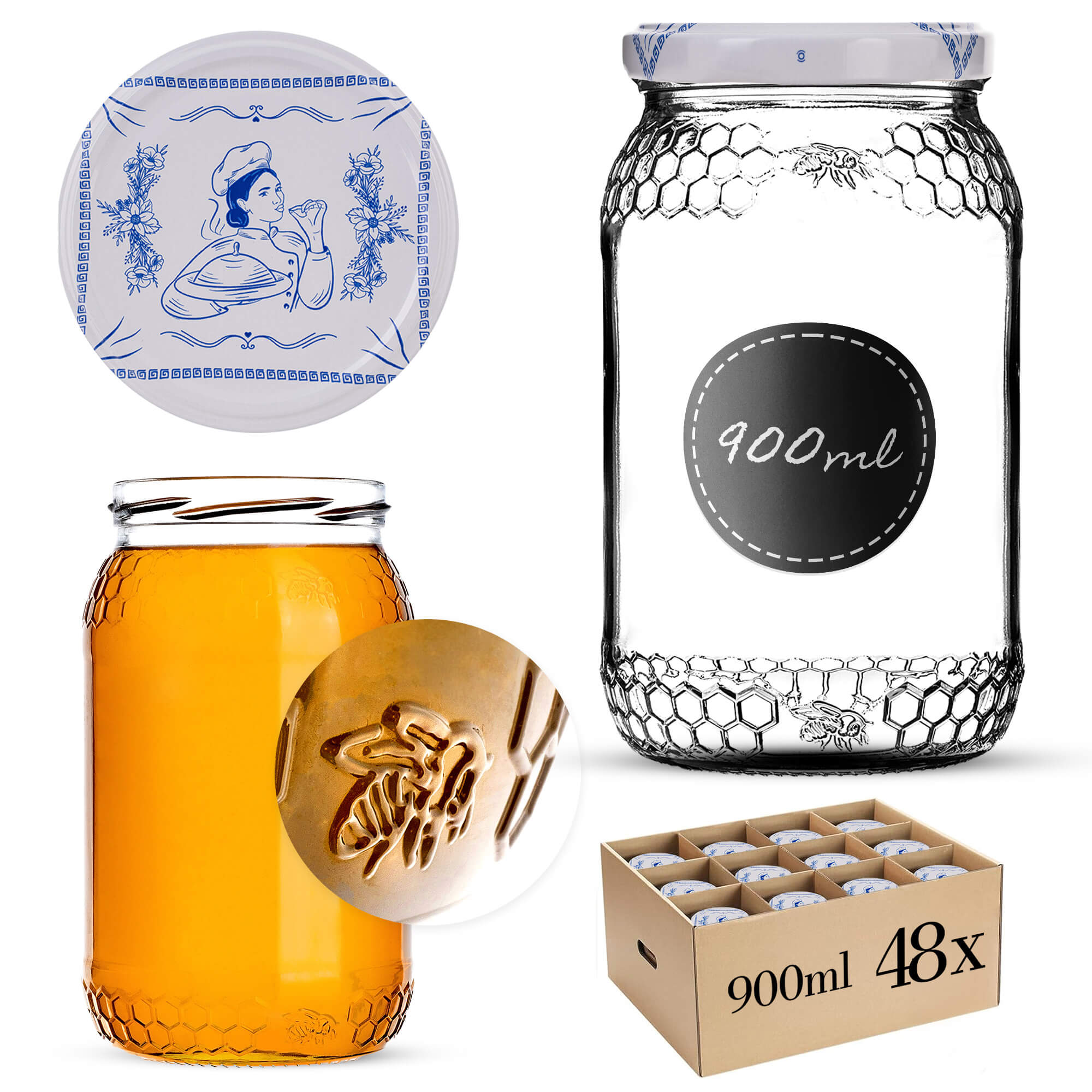 Szklany słój Lierde 900ml fi 82 mm 48 szt. + wieczka "Kucharka"