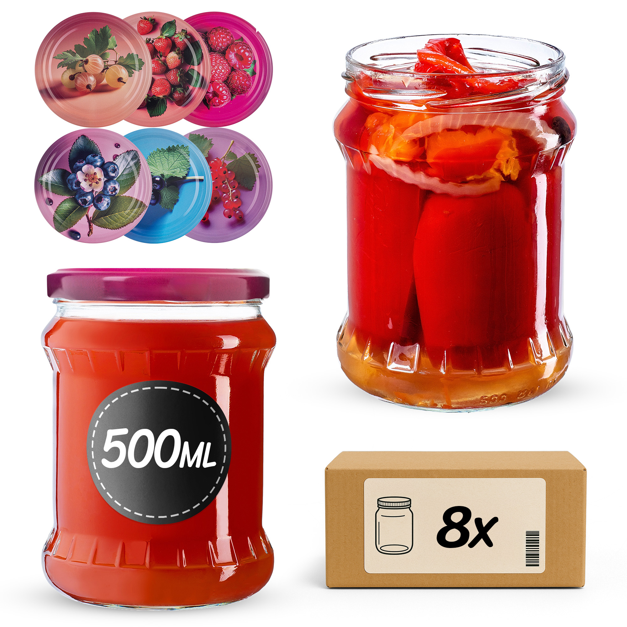 Słoiki na przetwory Kisko 500ml fi 82 mm 8szt + wieczko Jagodowy mix