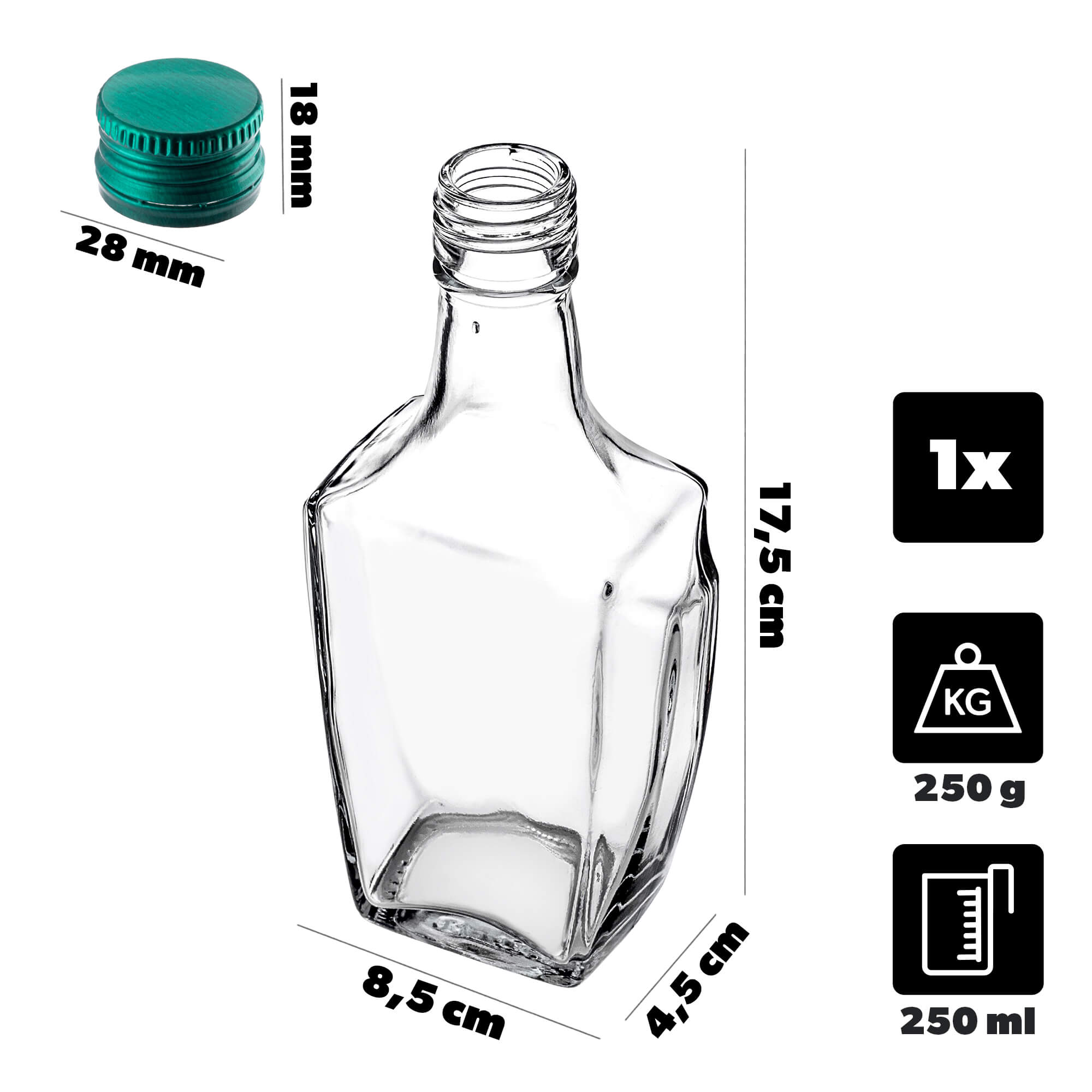 Szklana butelka na nalewkę Faenza 250ml z zieloną zakrętką 1 szt.