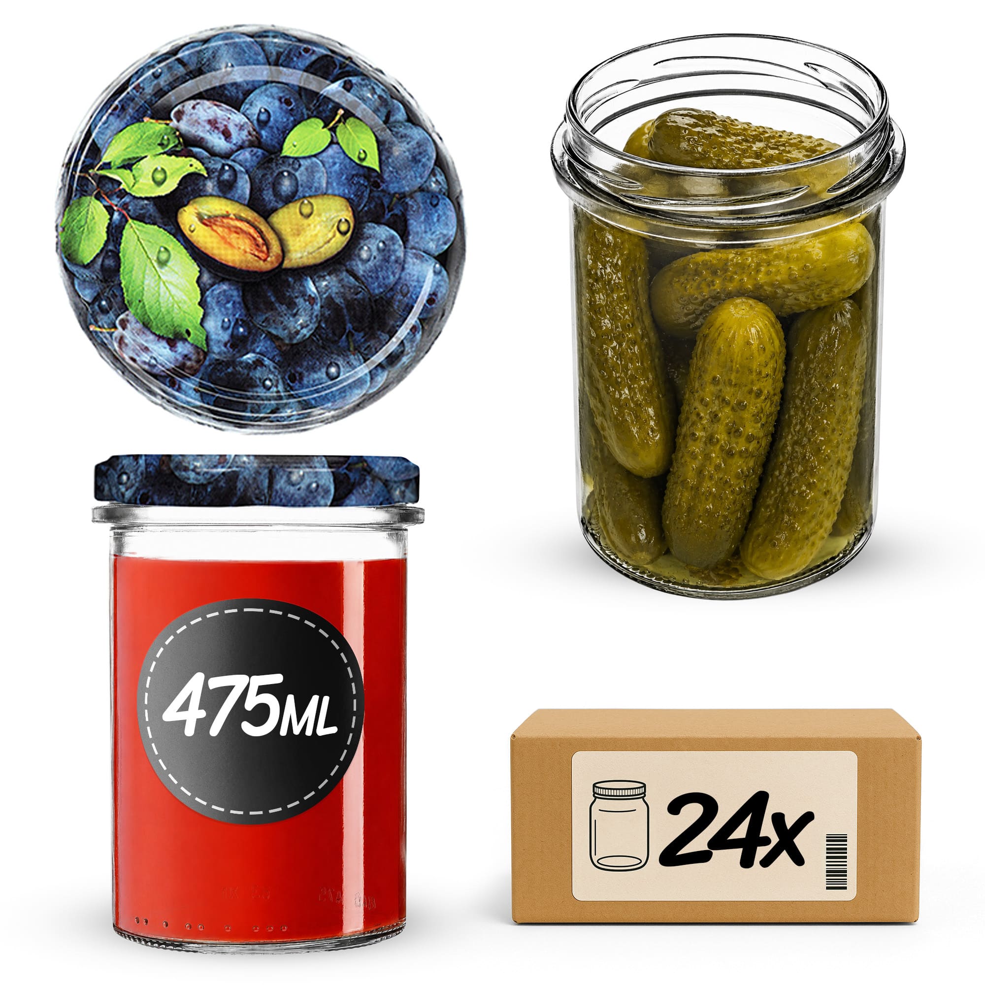 Słoiki na przetwory Befa 475ml 24szt fi 82 mm + wieczka "Śliwki"