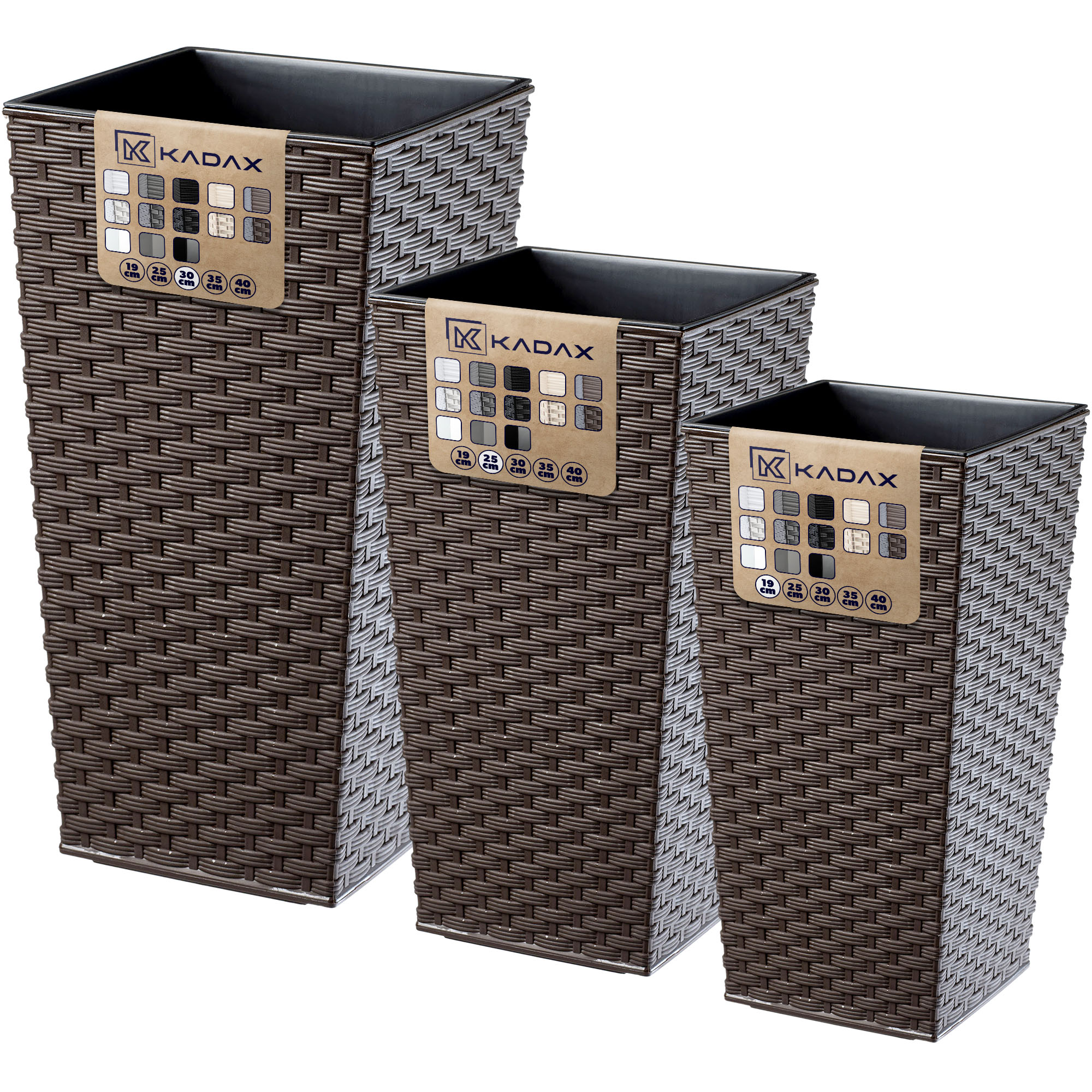 Donice na kwiaty z wkładem Pesaro rattan 19 cm + 25 cm + 30 cm, mokka