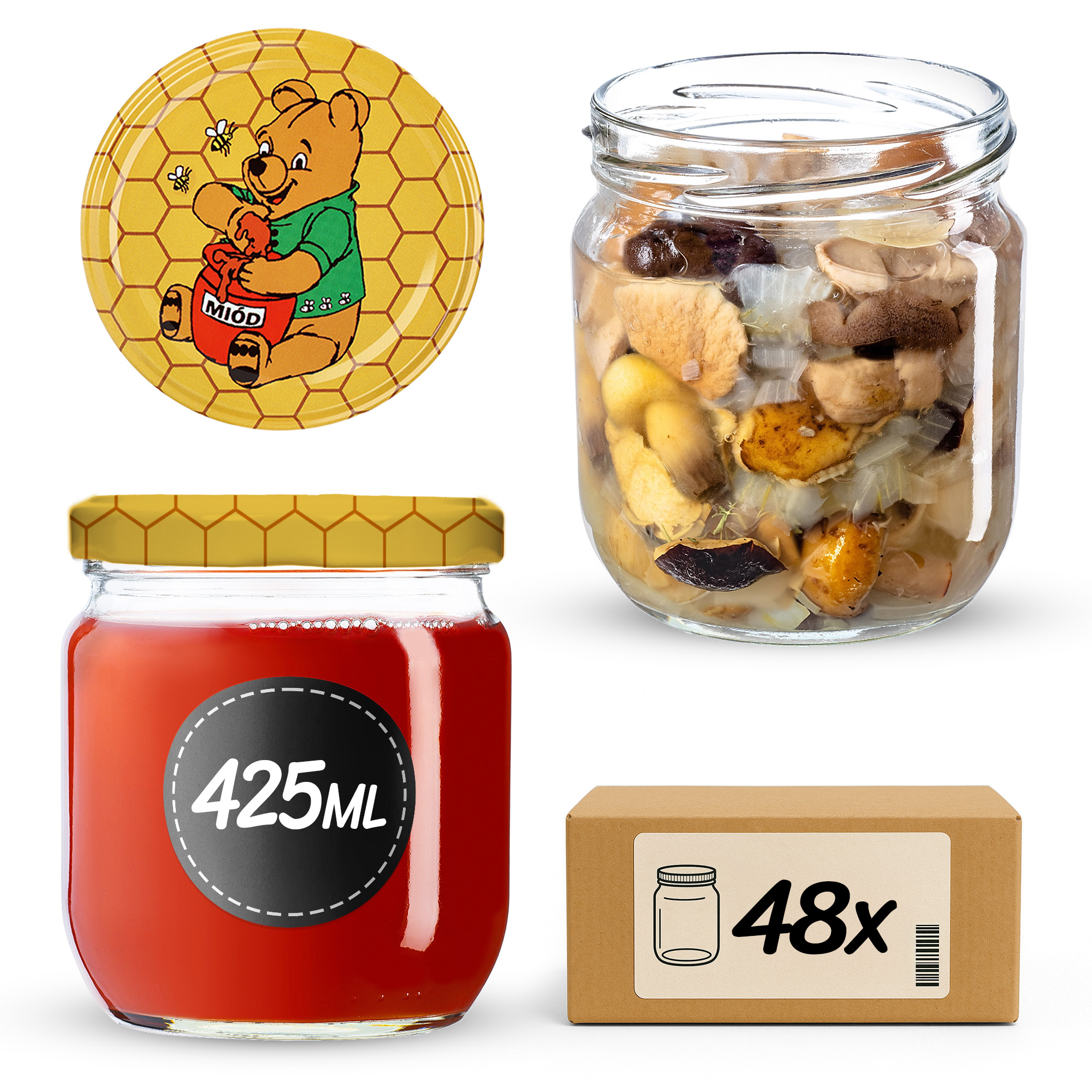 Słoiki na przetwory Salla 425ml 48szt fi 82 mm + wieczka "Miód"