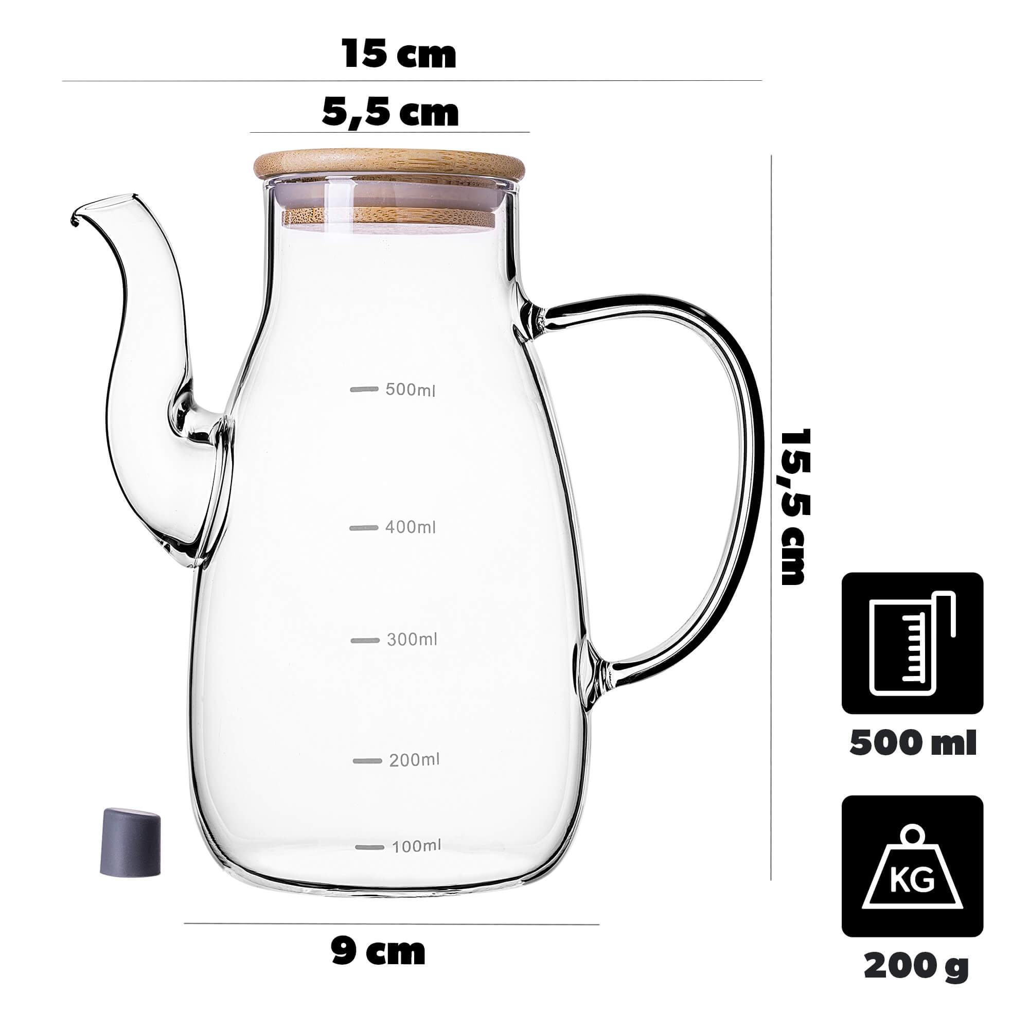 Szklany dzbanek na olej Mellitto z pokrywką i uchwytem 500 ml