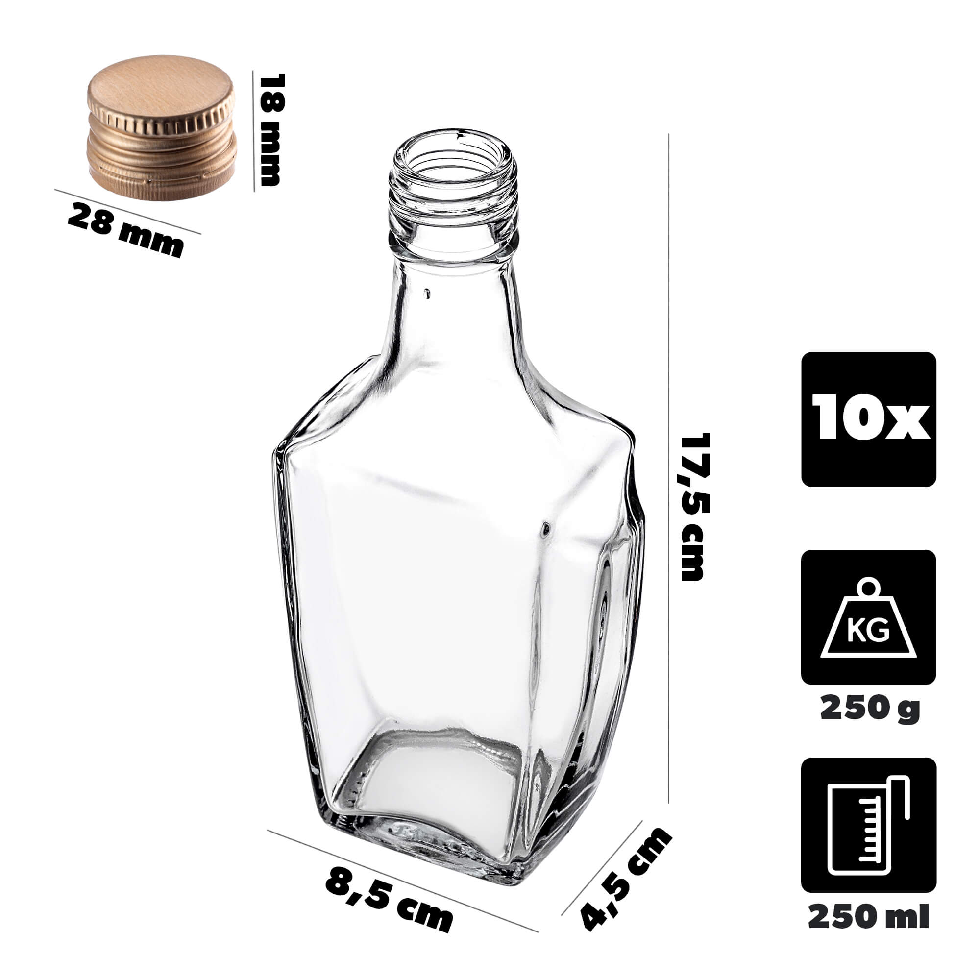Szklana butelka na nalewkę Faenza 250ml ze złotą zakrętką 10 szt.