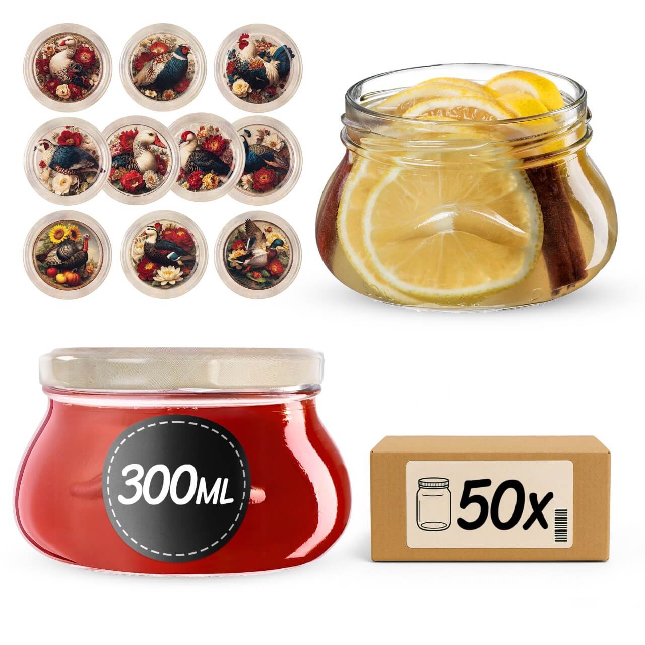 Słoiki na przetwory Raja 300ml 50szt fi 82 mm + wieczka "Drób"