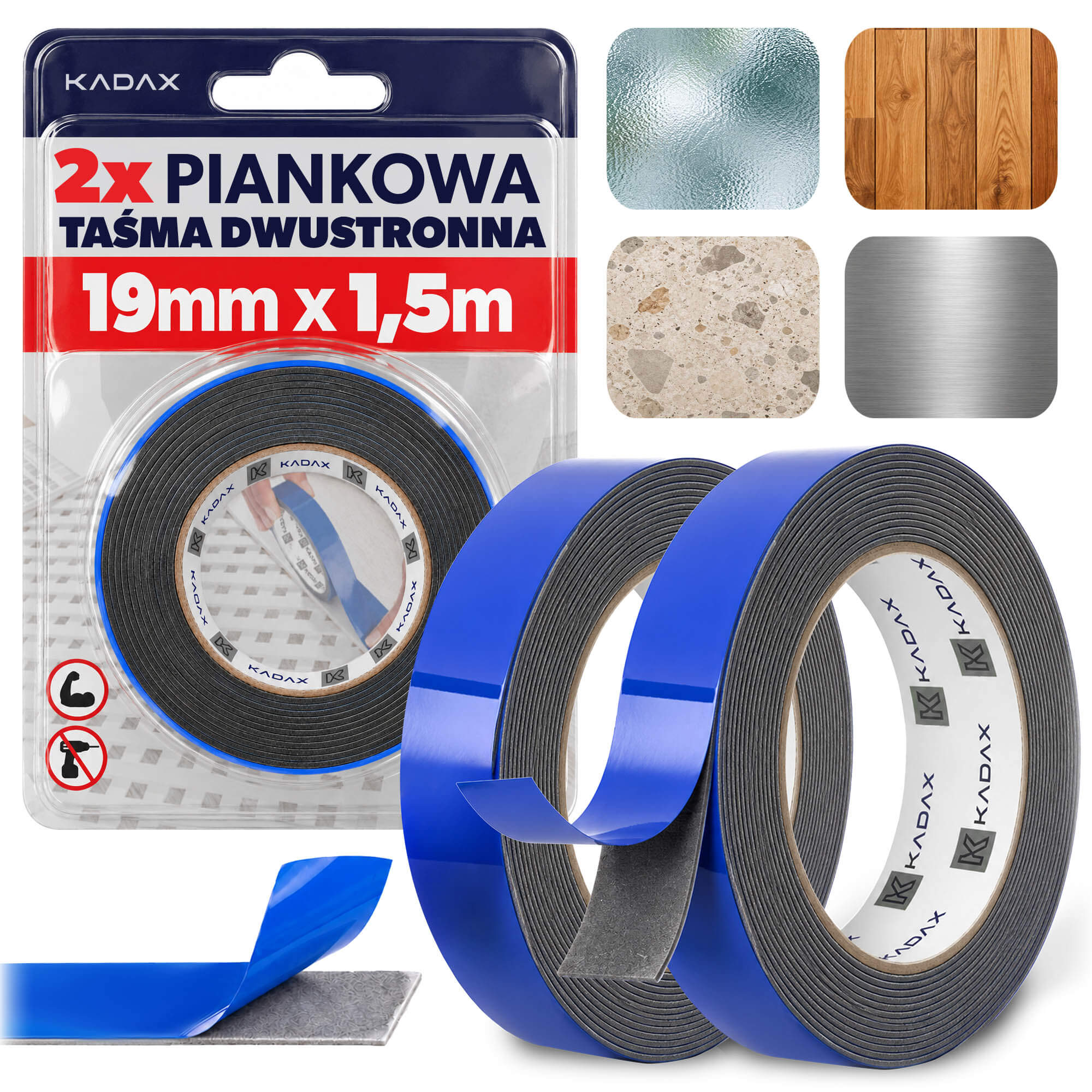 Taśma dwustronna piankowa PE Rheu 1.5 m x 19 mm 2 szt.