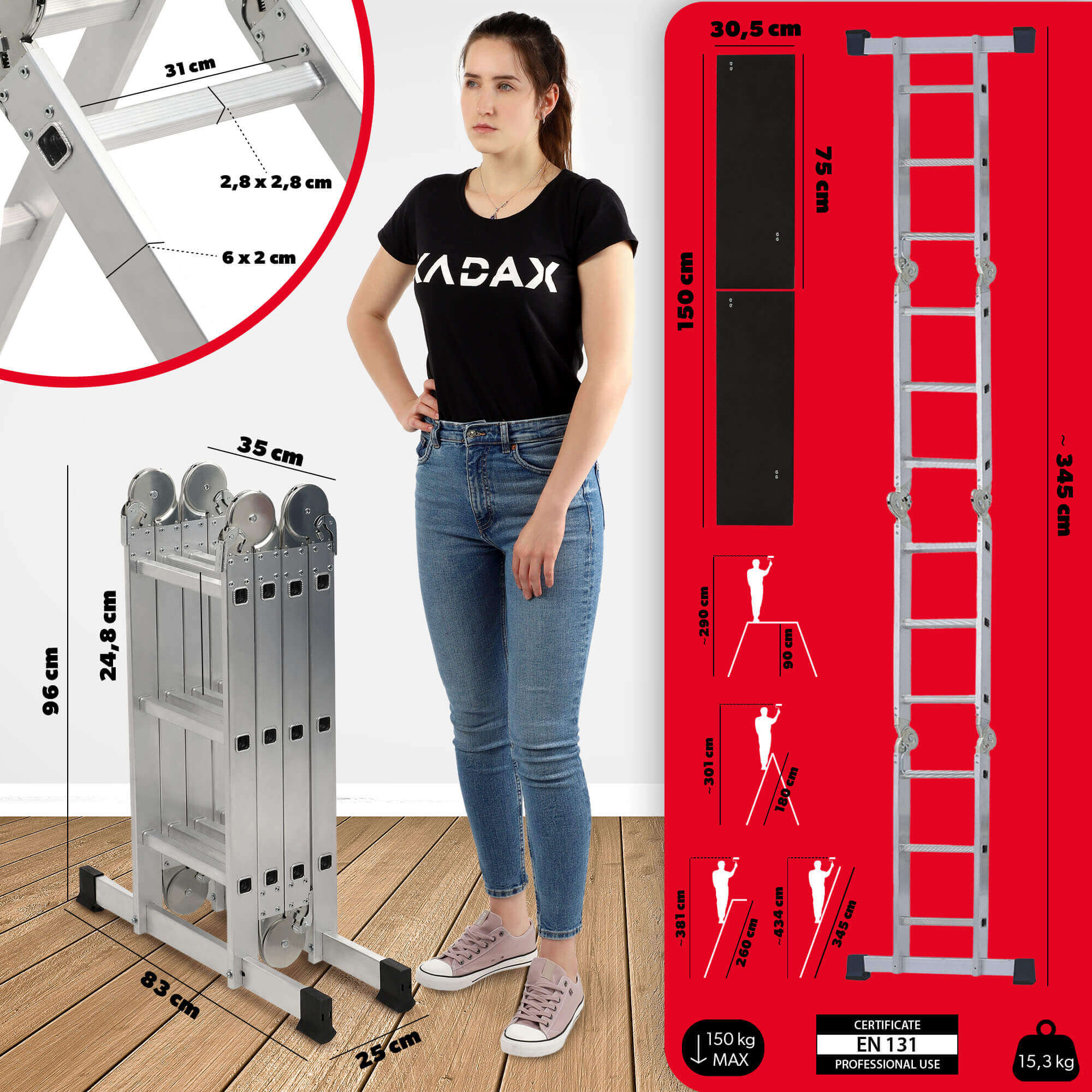 Drabina aluminiowa przegubowa, 12 stopni, 150 kg