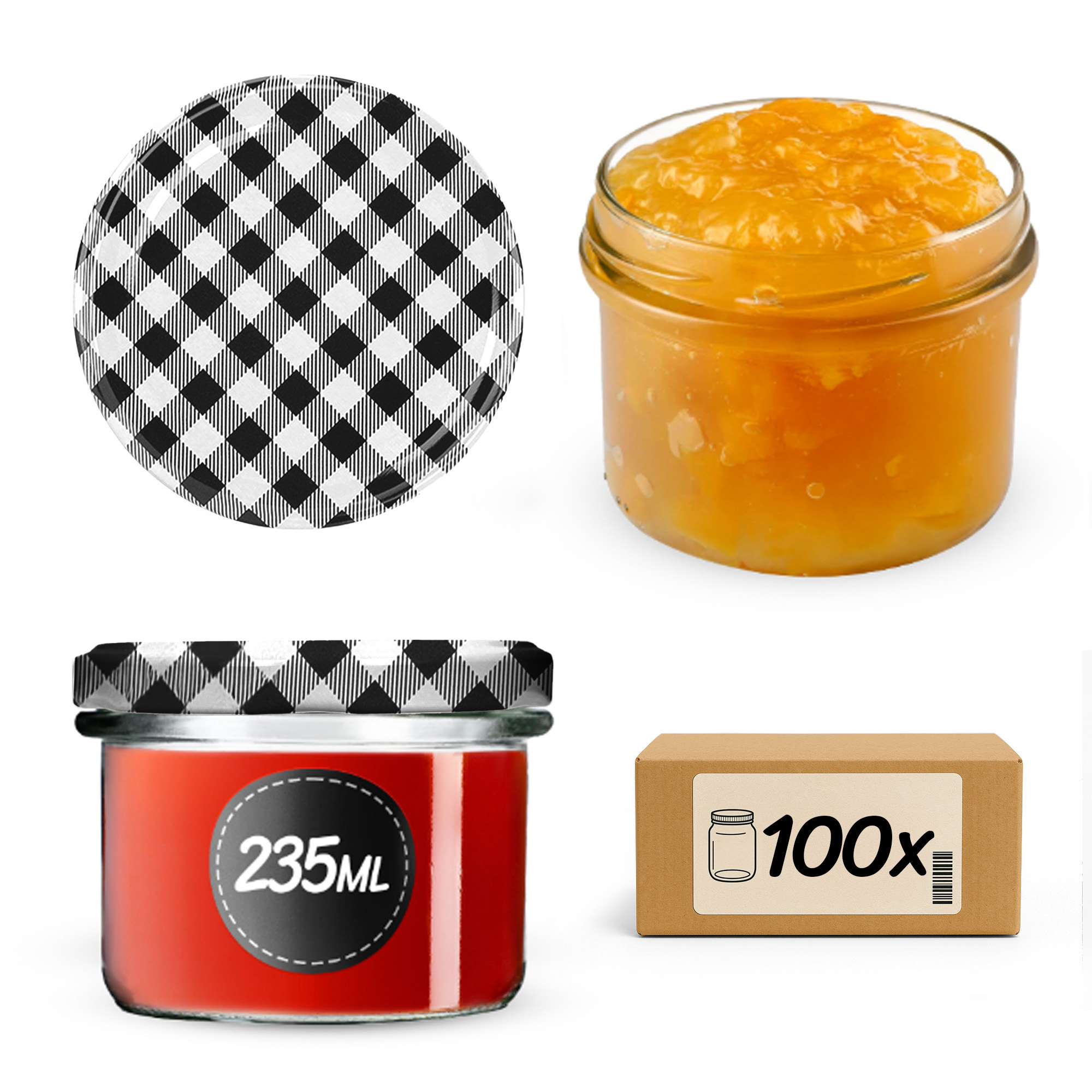 Słoiki na przetwory Tartu 235ml 100szt fi 82 mm + wieczka "Czarna krata"