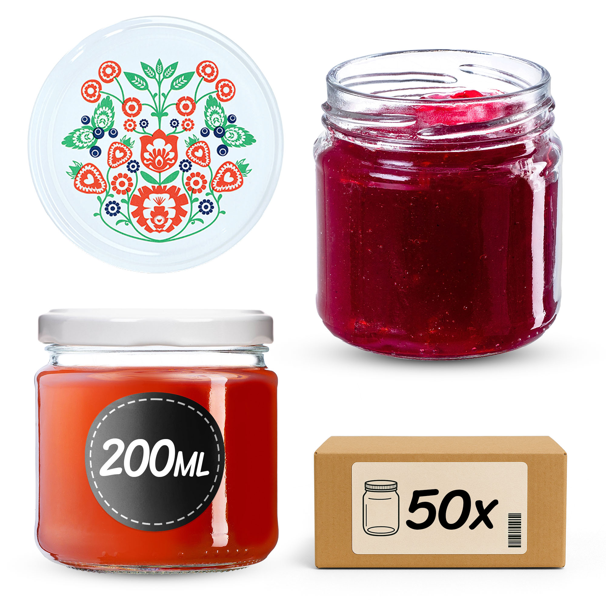 Słoiki na przetwory Lerma 200ml 50szt fi 66 mm + wieczka "Folklor"