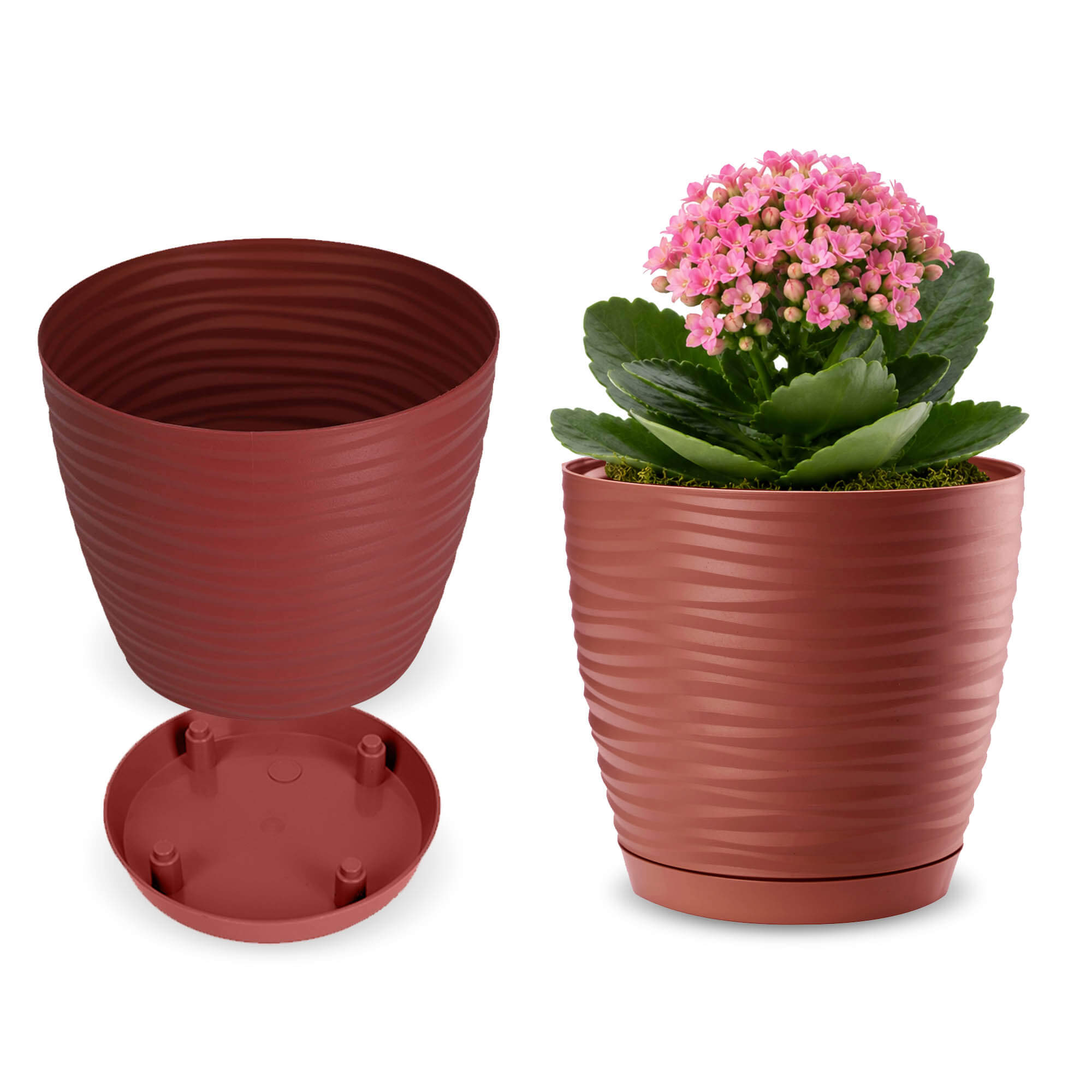 Doniczka na kwiaty okrągła z podstawką 13 cm, bordowa
