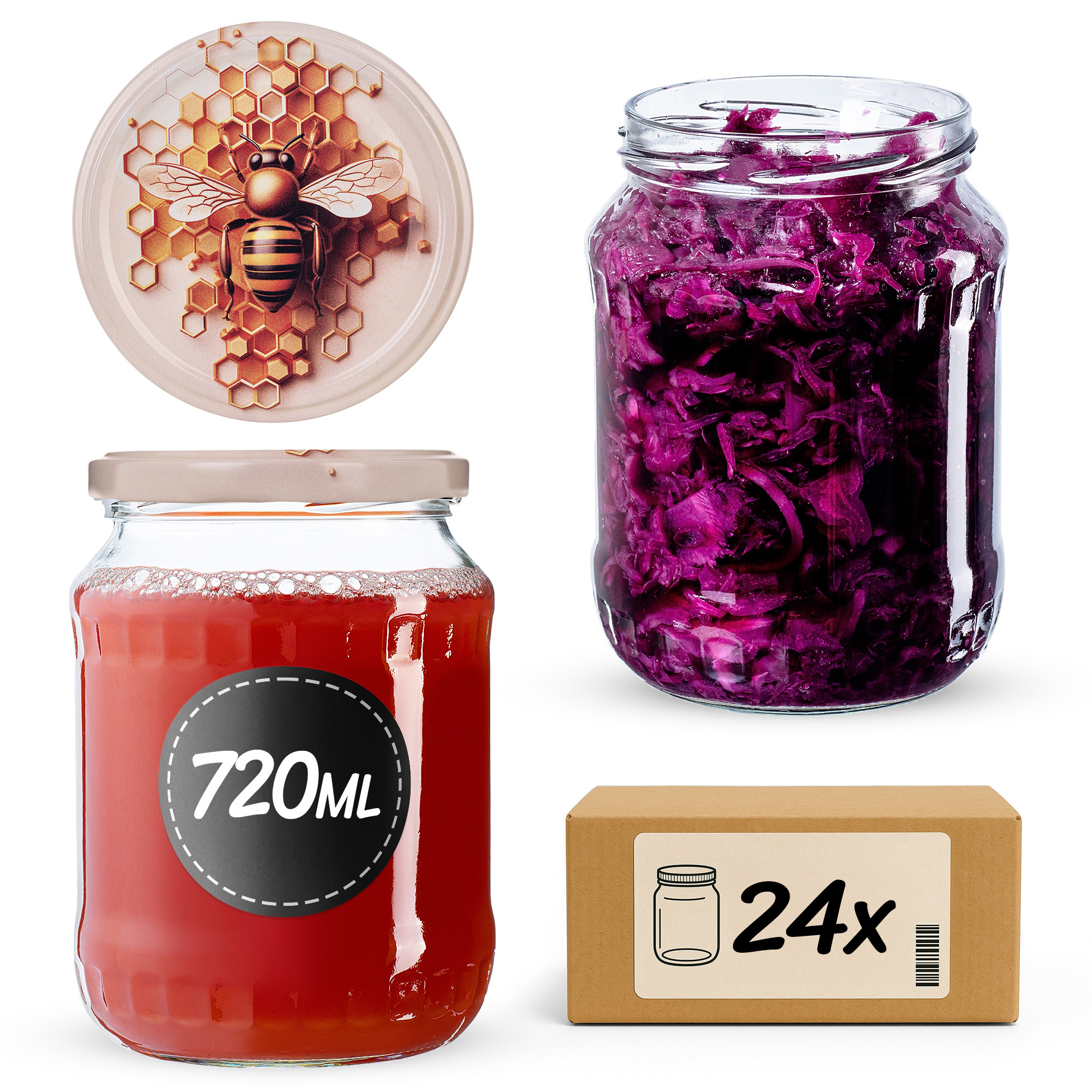 Słoiki na przetwory Jukka 720ml fi 82 mm 24szt + wieczko Pszczoła