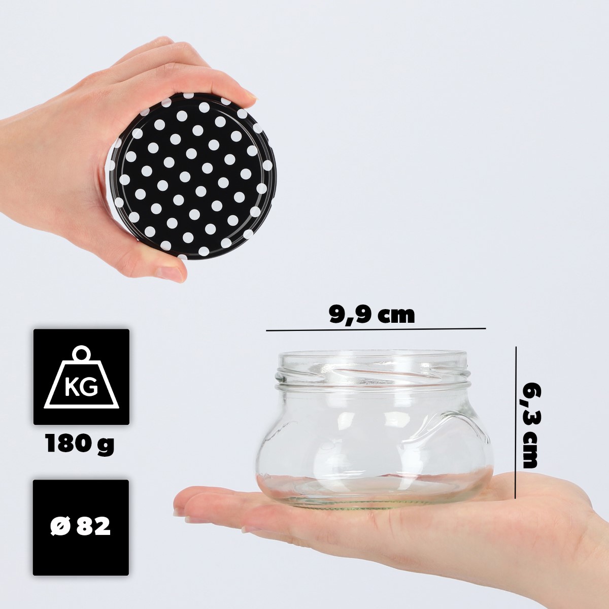 Słoiki na przetwory Raja 300ml 20szt fi 82 mm + wieczka "Czarny Groszek"