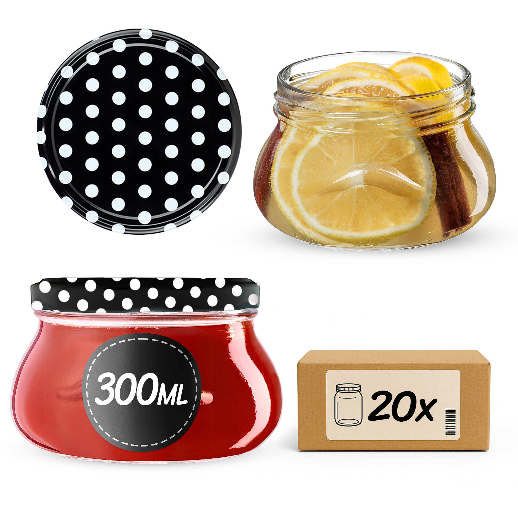 Słoiki na przetwory Raja 300ml 20szt fi 82 mm + wieczka "Czarny Groszek"