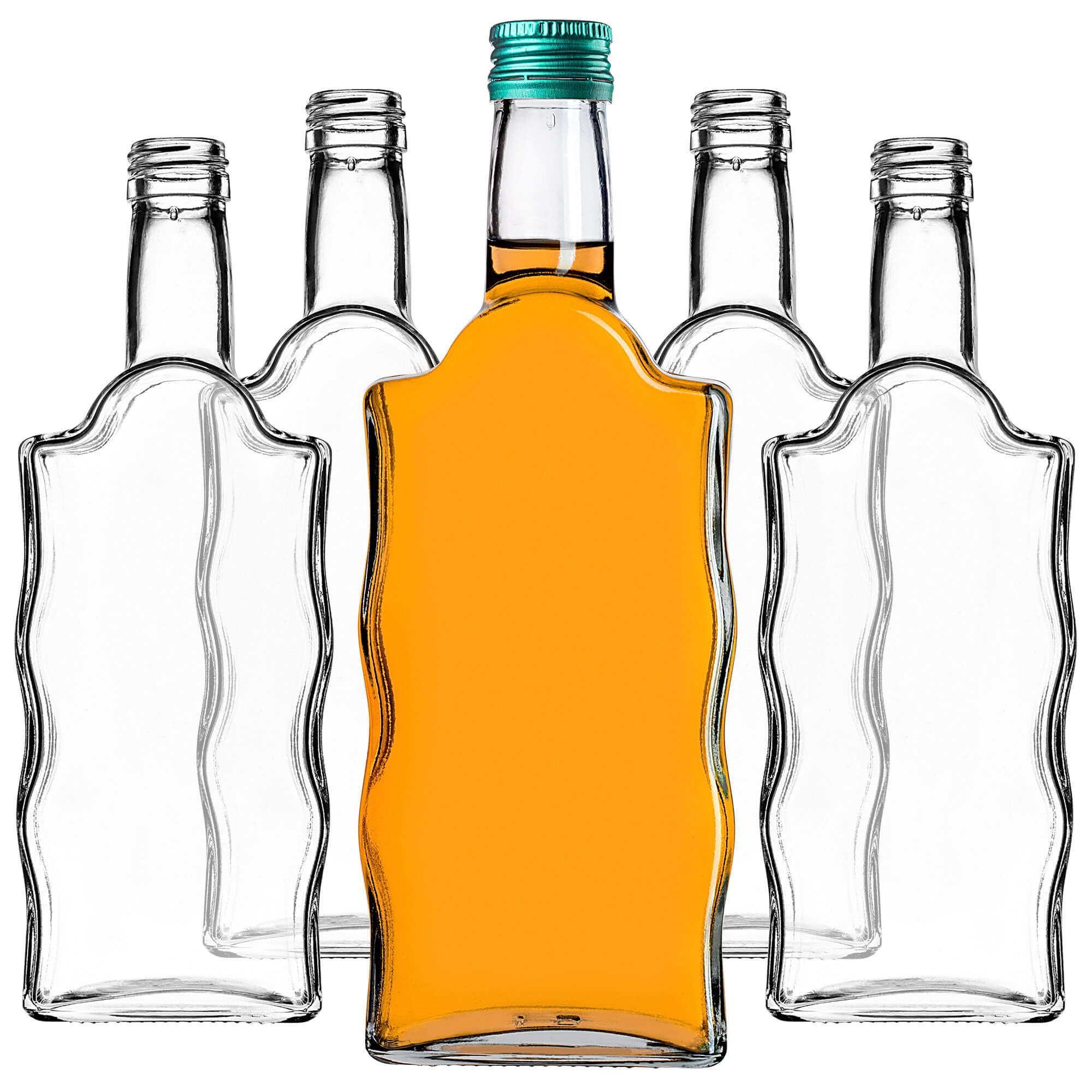 Szklana butelka na nalewkę Fala 500ml z zieloną zakrętką 5 szt.