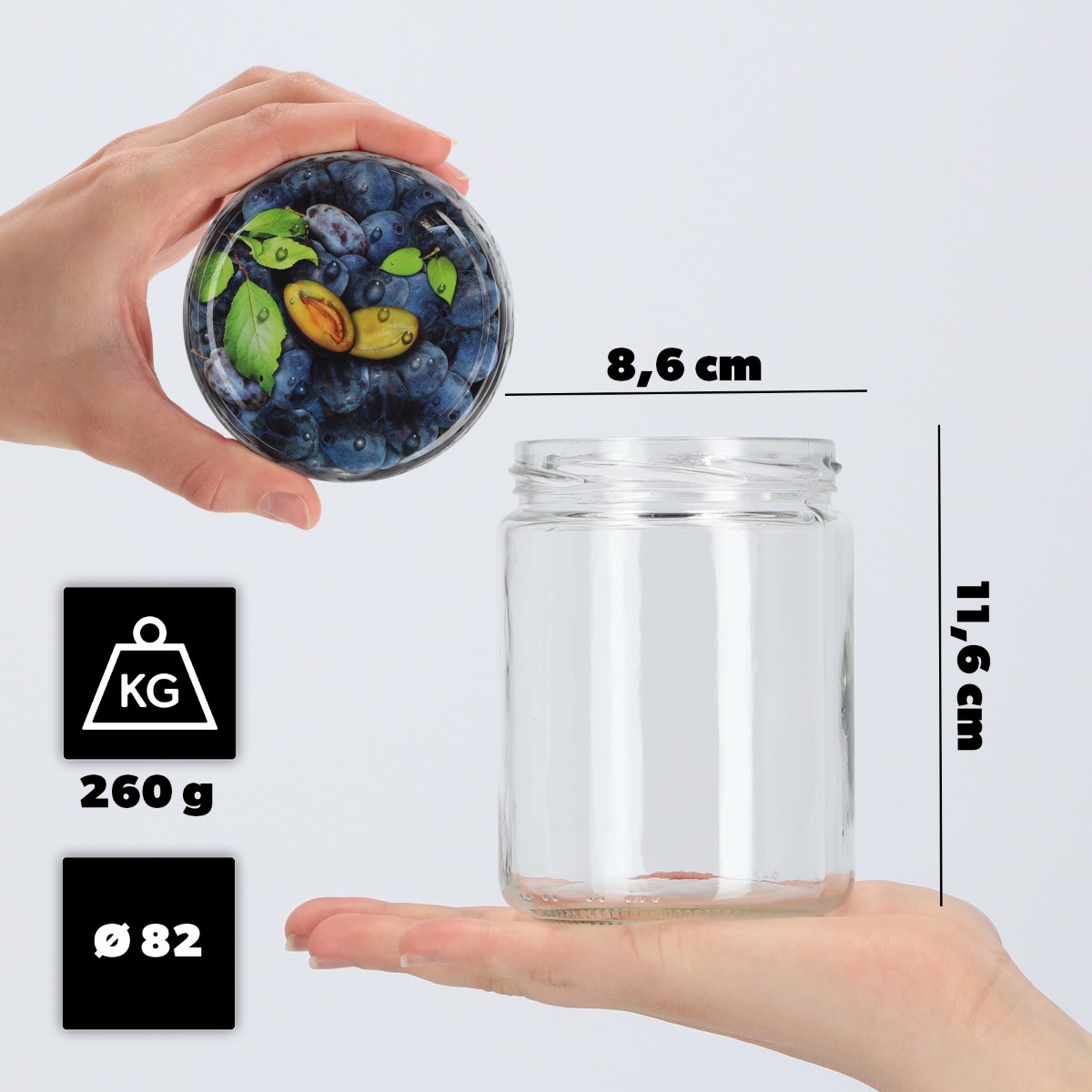 Słoiki na przetwory Maki 540ml 8szt fi 82 mm + wieczka "Śliwki"