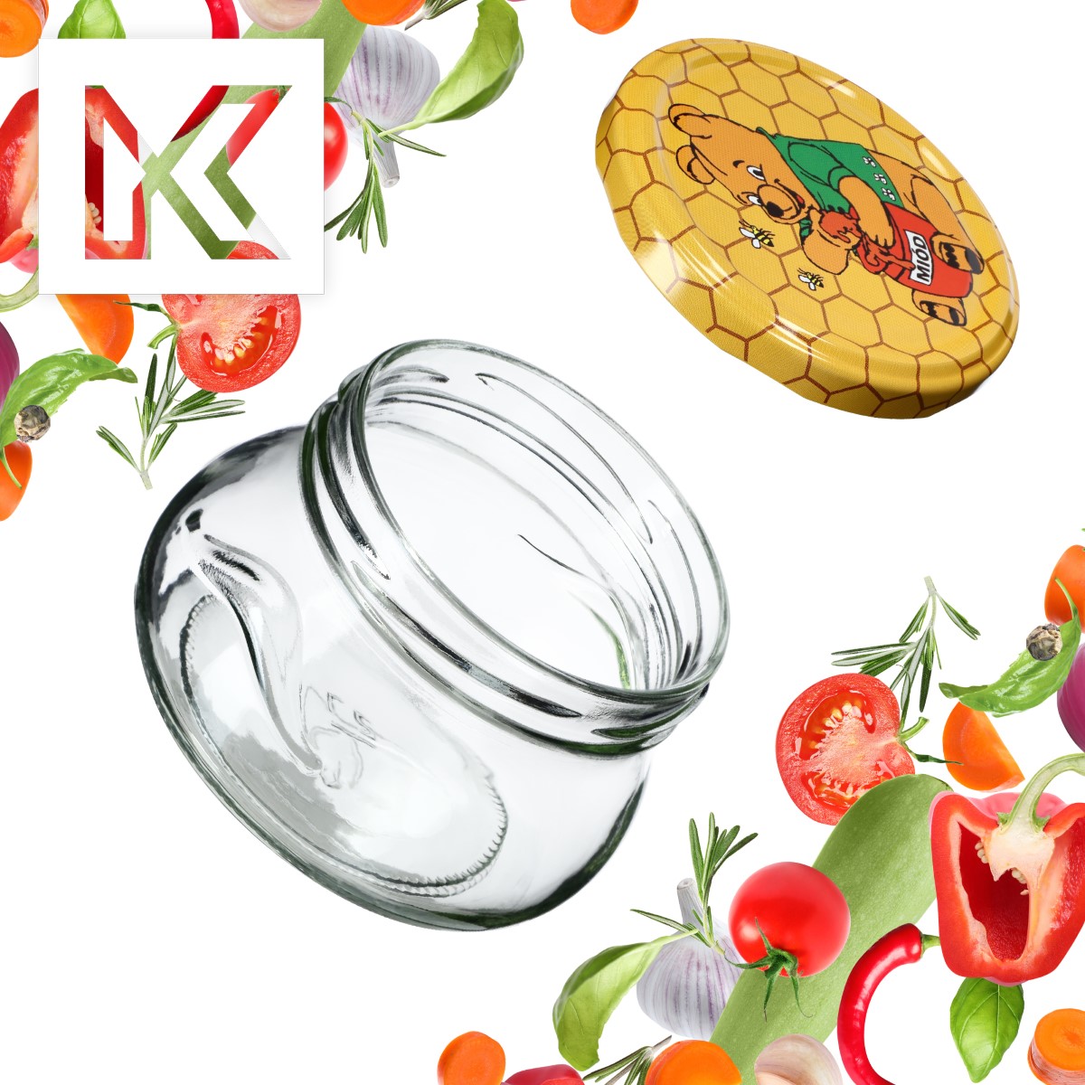 Słoiki na przetwory Raja 300ml 20szt fi 82 mm + wieczka "Miód"