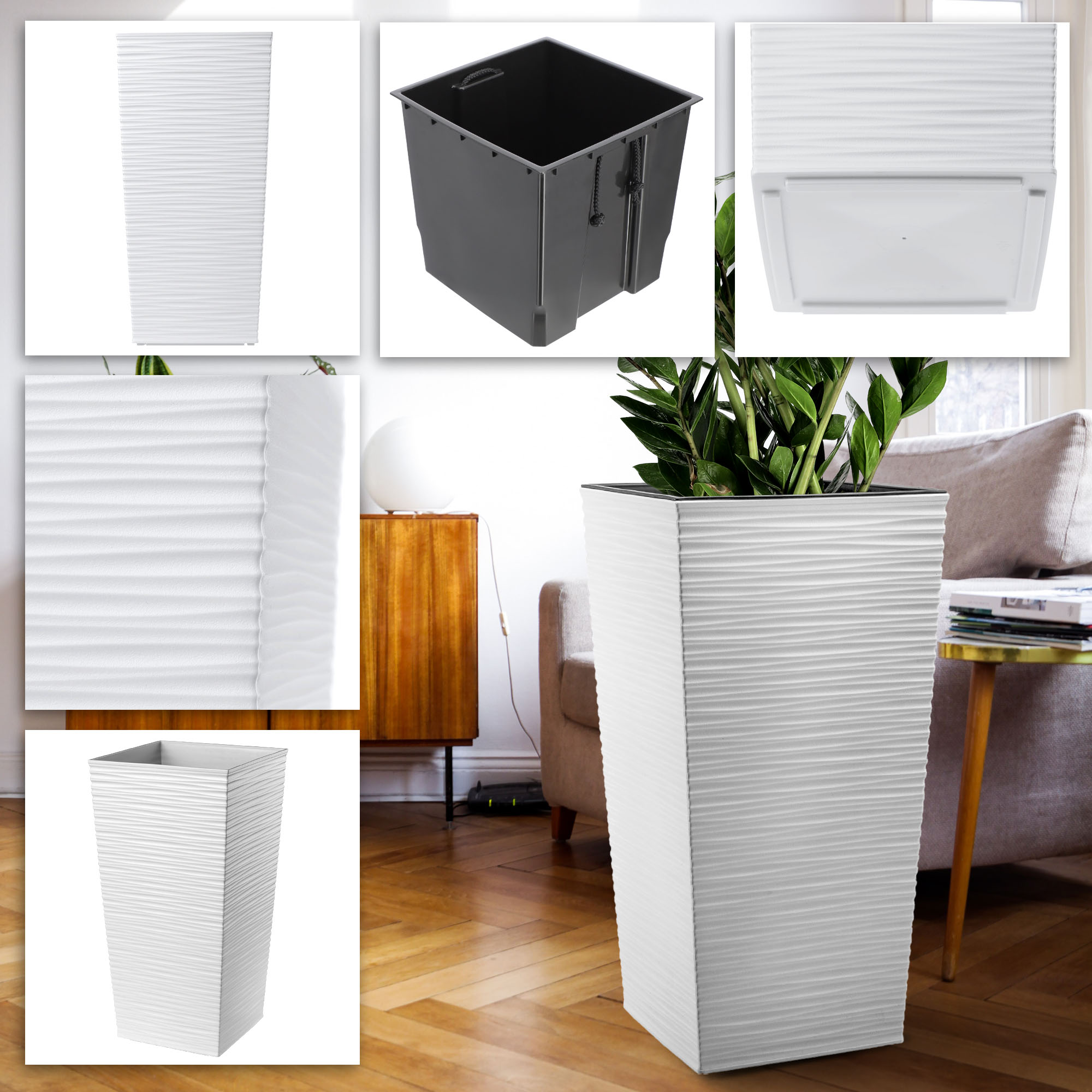 Donice na kwiaty z wkładem Tuluza dłuto 25 cm + 30 cm + 35 cm, białe