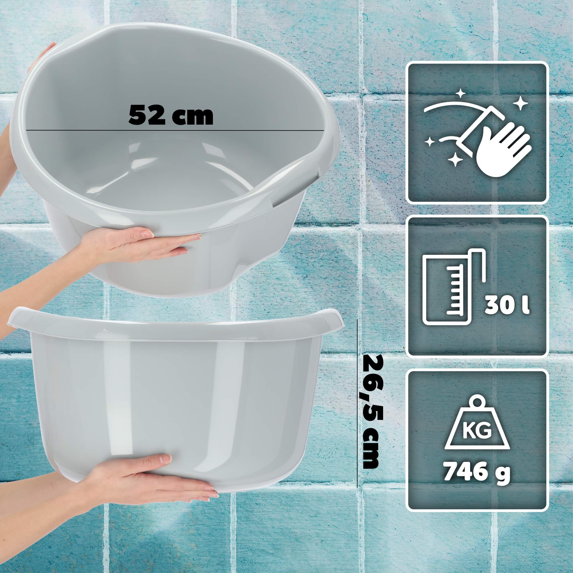 Miednica plastikowa z uchwytami 30L, szara