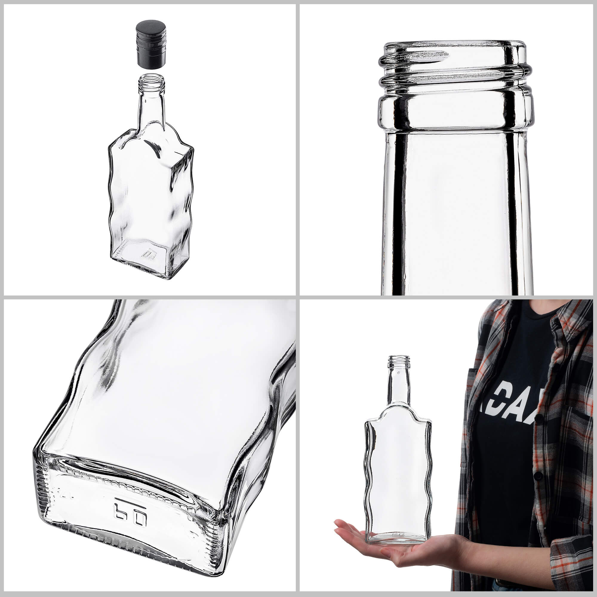 Szklana butelka na nalewkę Fala 500ml z długą czarną zakrętką 50 szt.