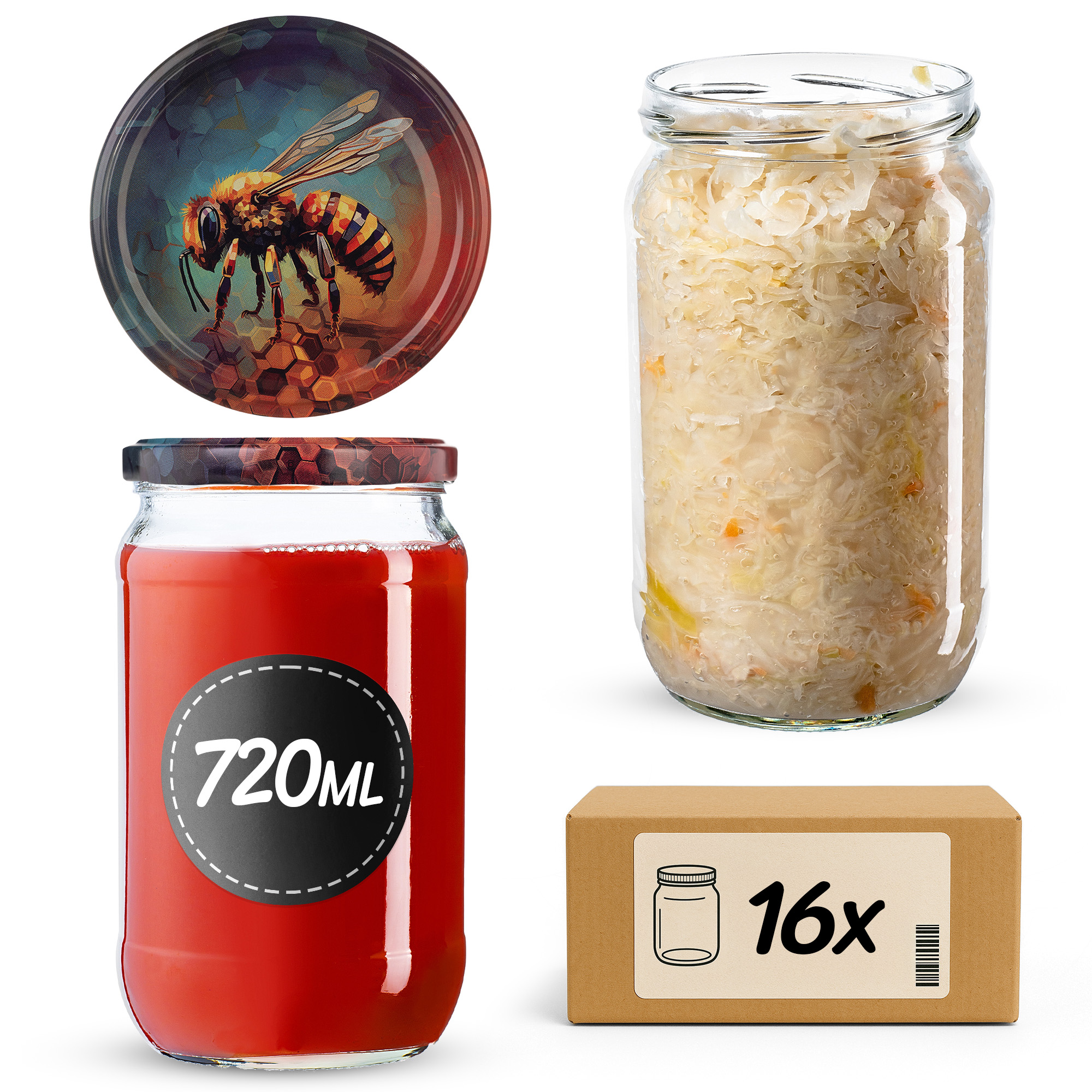 Słoiki na przetwory Niva 720ml fi 82 mm 16szt + wieczko Pszczoła