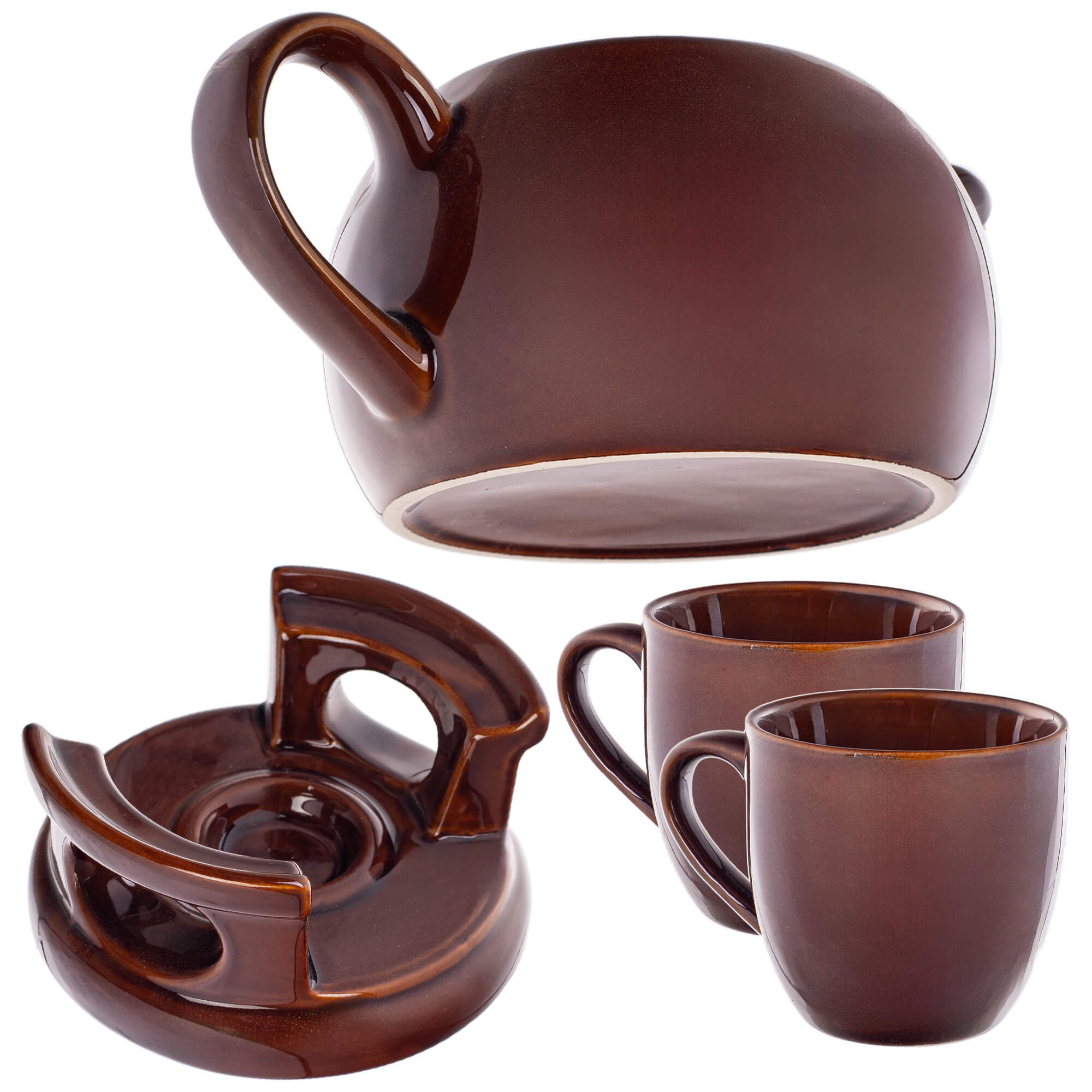 Dzbanek ceramiczny z podgrzewaczem Irais 1L + 2 kubki brązowy