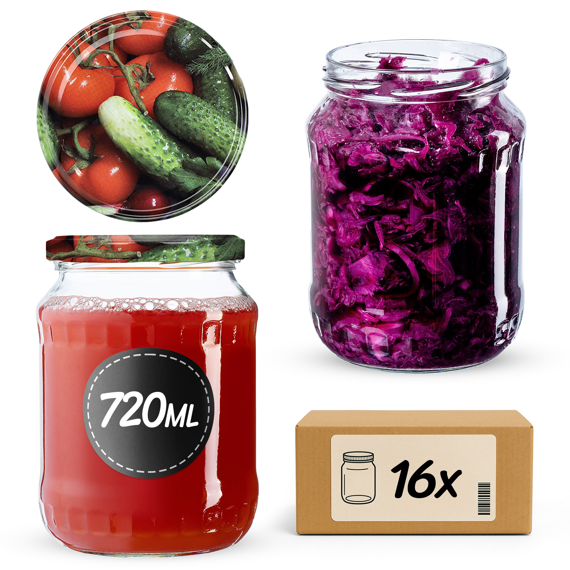 Słoiki na przetwory Jukka 720ml 16szt fi 82 mm + wieczka "Warzywa"