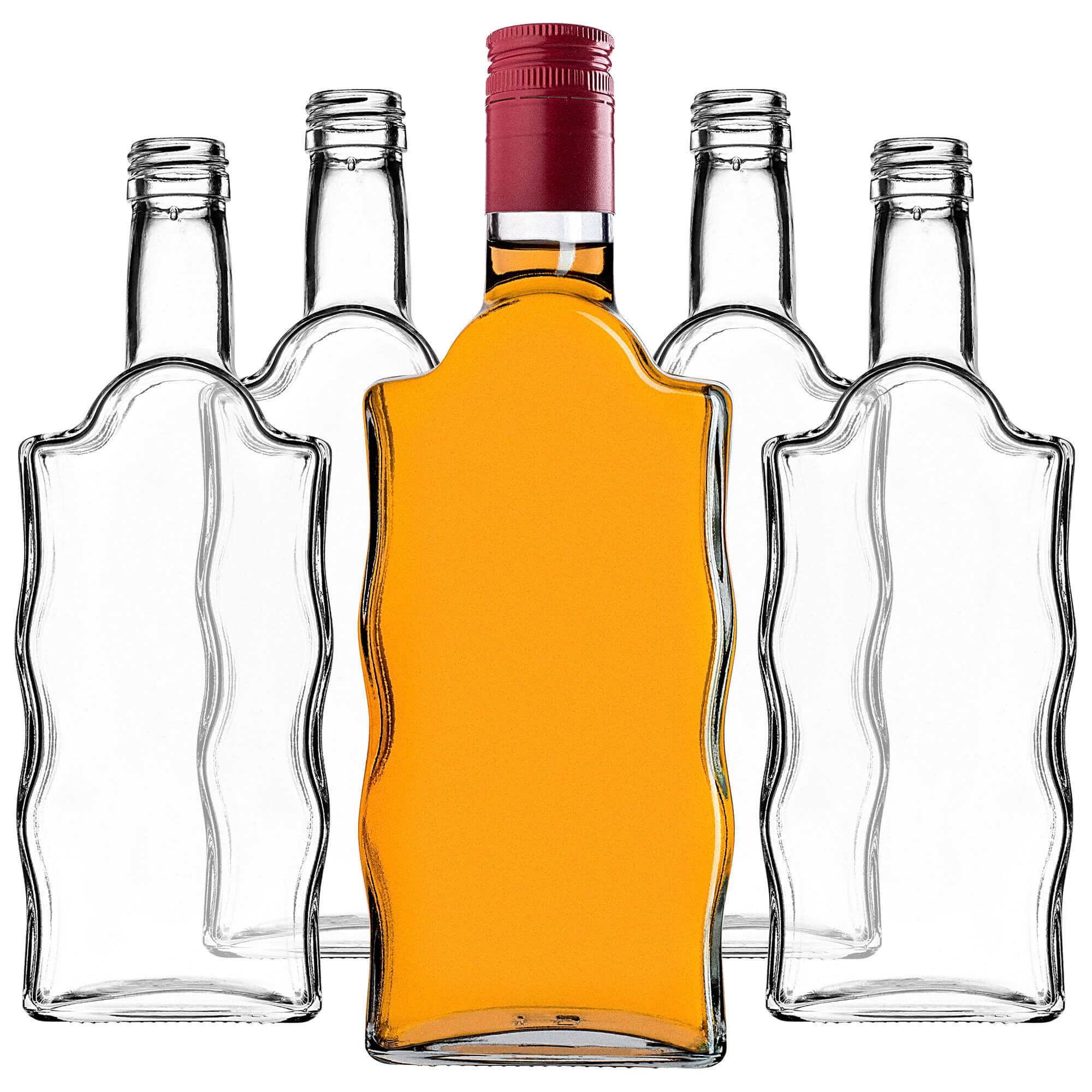 Szklana butelka na nalewkę Fala 500ml z długą czerwoną zakrętką 5 szt.