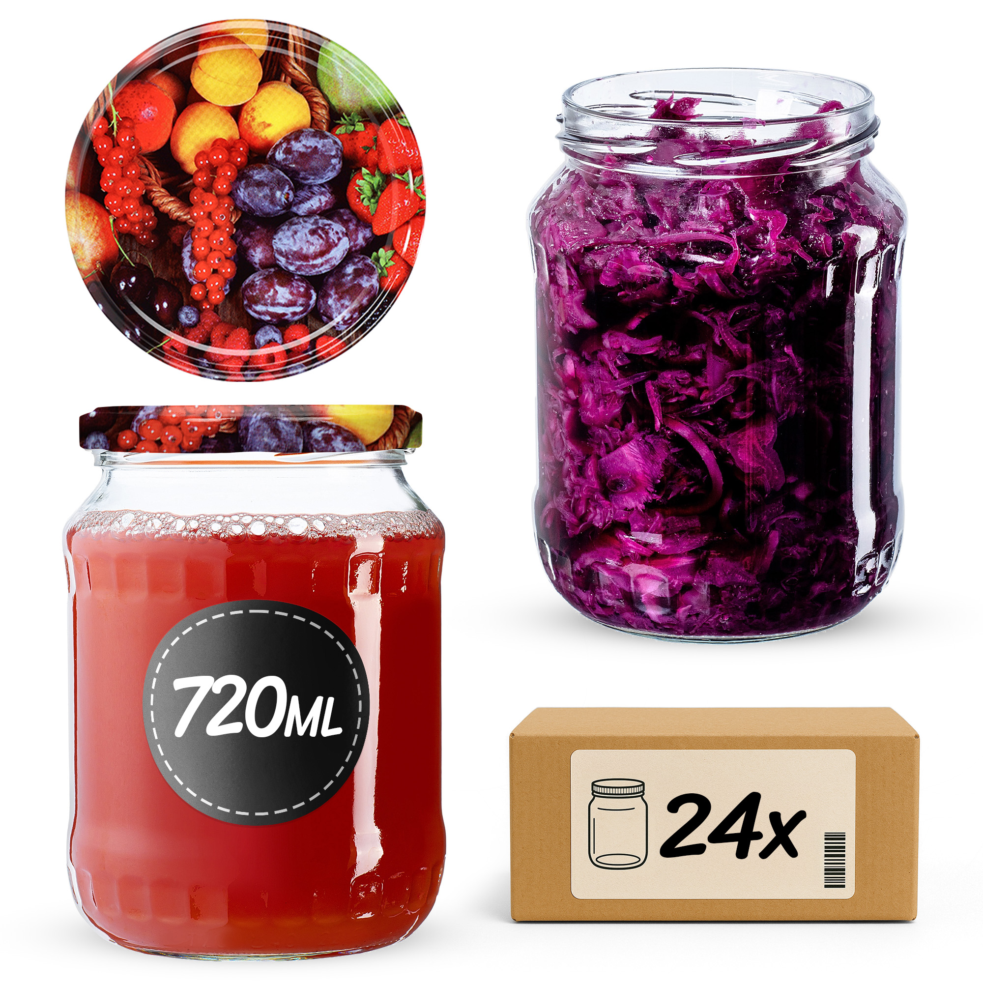 Słoiki na przetwory Jukka 720ml 24szt fi 82 mm + wieczka "Owoce"
