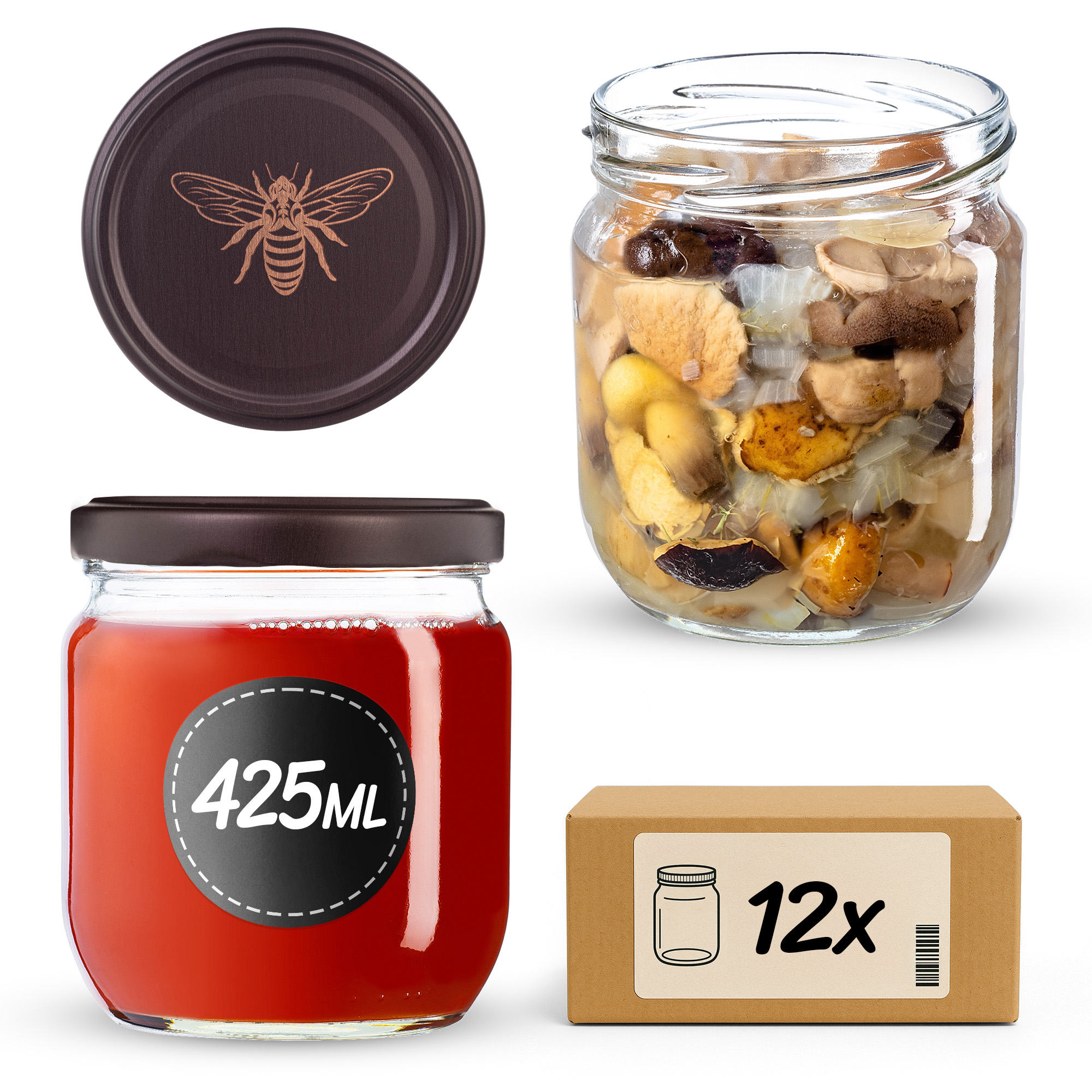 Słoiki na przetwory Salla 425ml fi 82 mm 12szt + wieczko Pszczoła